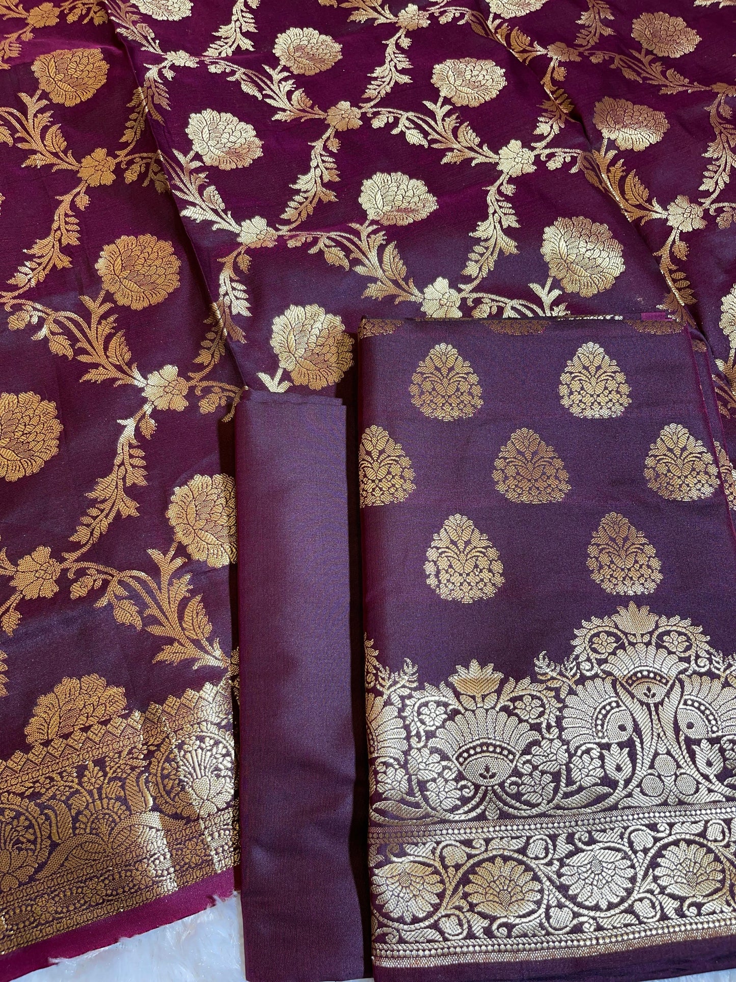 Wine Semi Katan Silk Banarasi 3 pcs Suit Set 750SHL_SK24