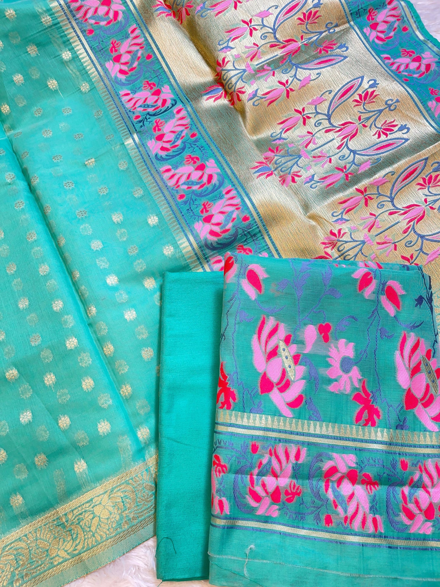 Seagreen Jamdani Weave Cotton Banarasi 3 pcs Suit Set 600SKL_JM20