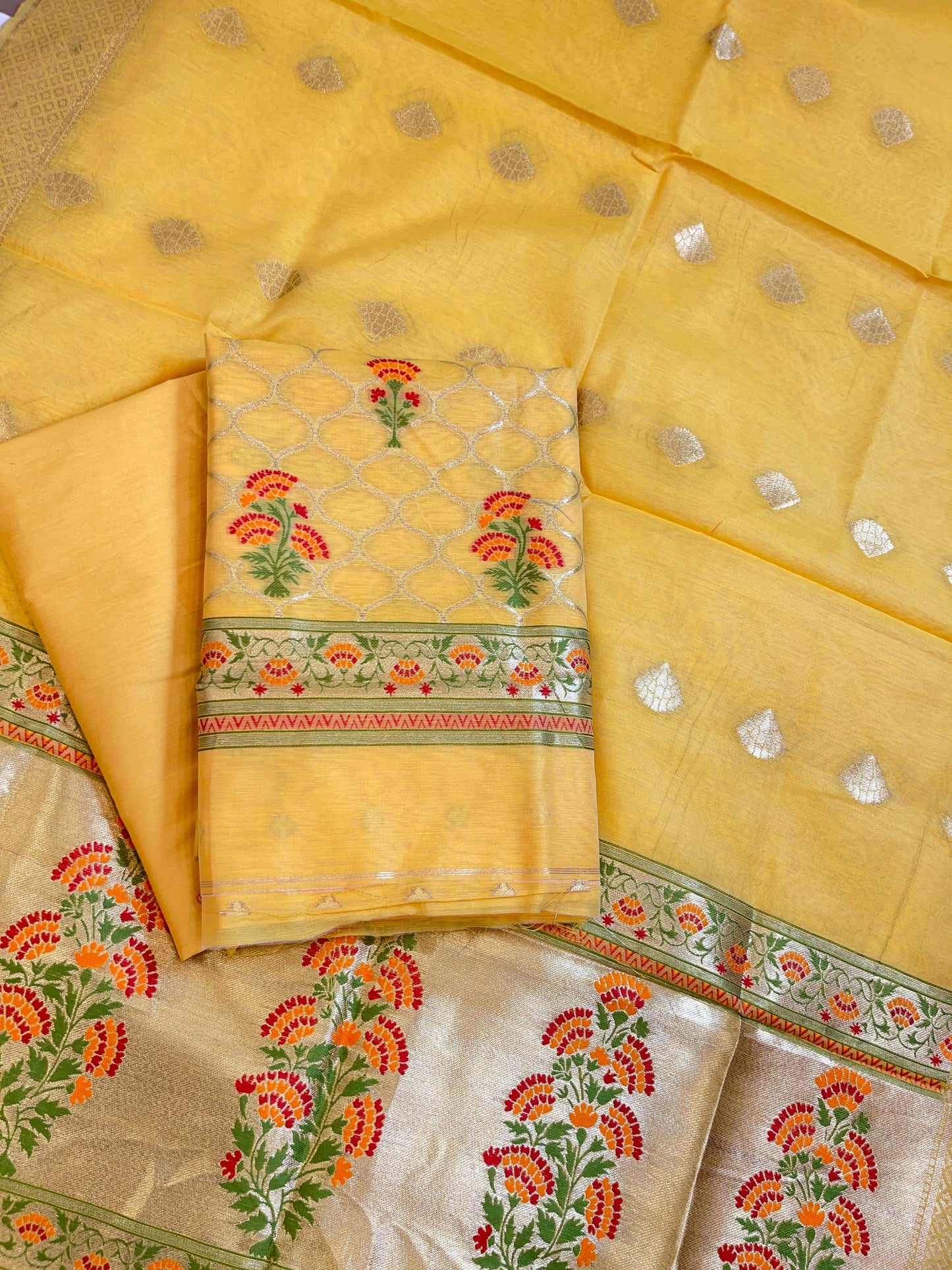 Yellow Jamdani Weave Cotton Banarasi 3 pcs Suit Set 600SKL_JM3