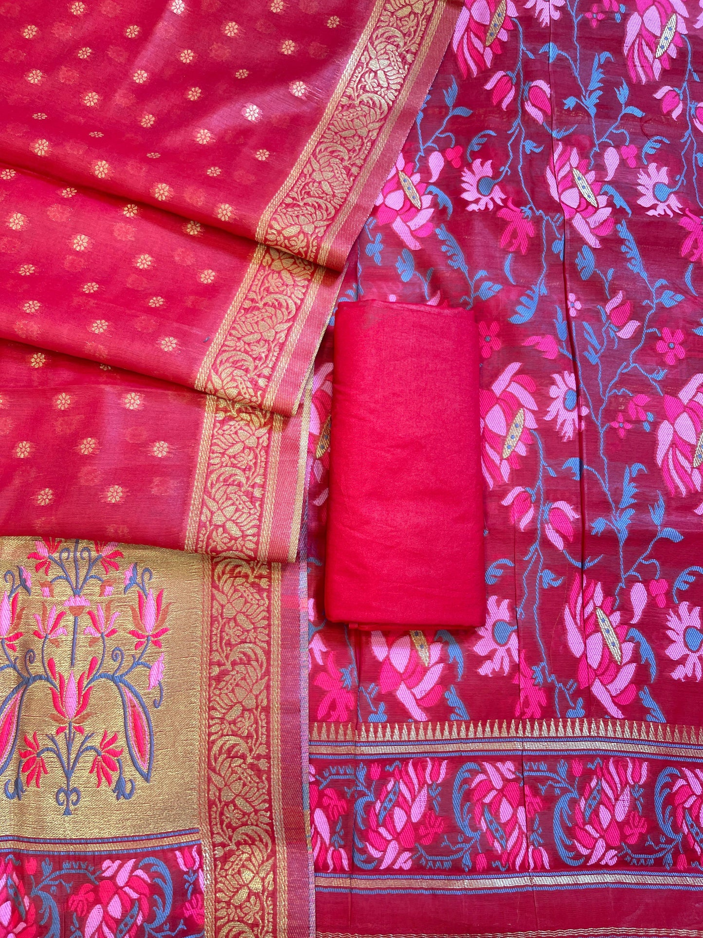 Red Jamdani Weave Cotton Banarasi 3 pcs Suit Set 600SKL_JM15
