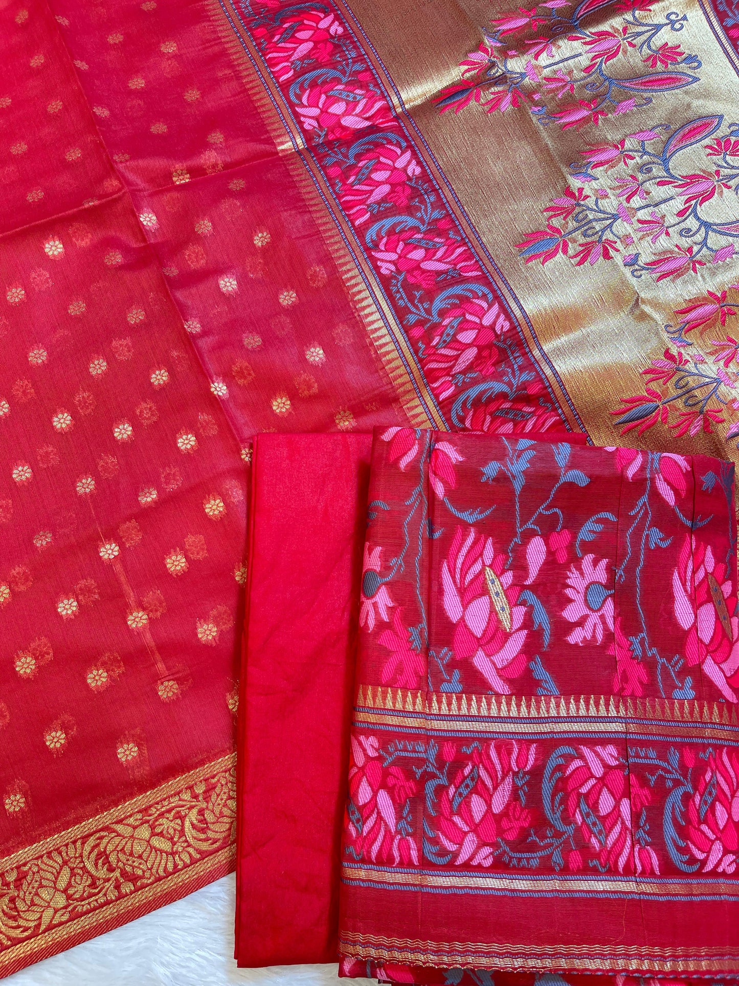 Red Jamdani Weave Cotton Banarasi 3 pcs Suit Set 600SKL_JM15