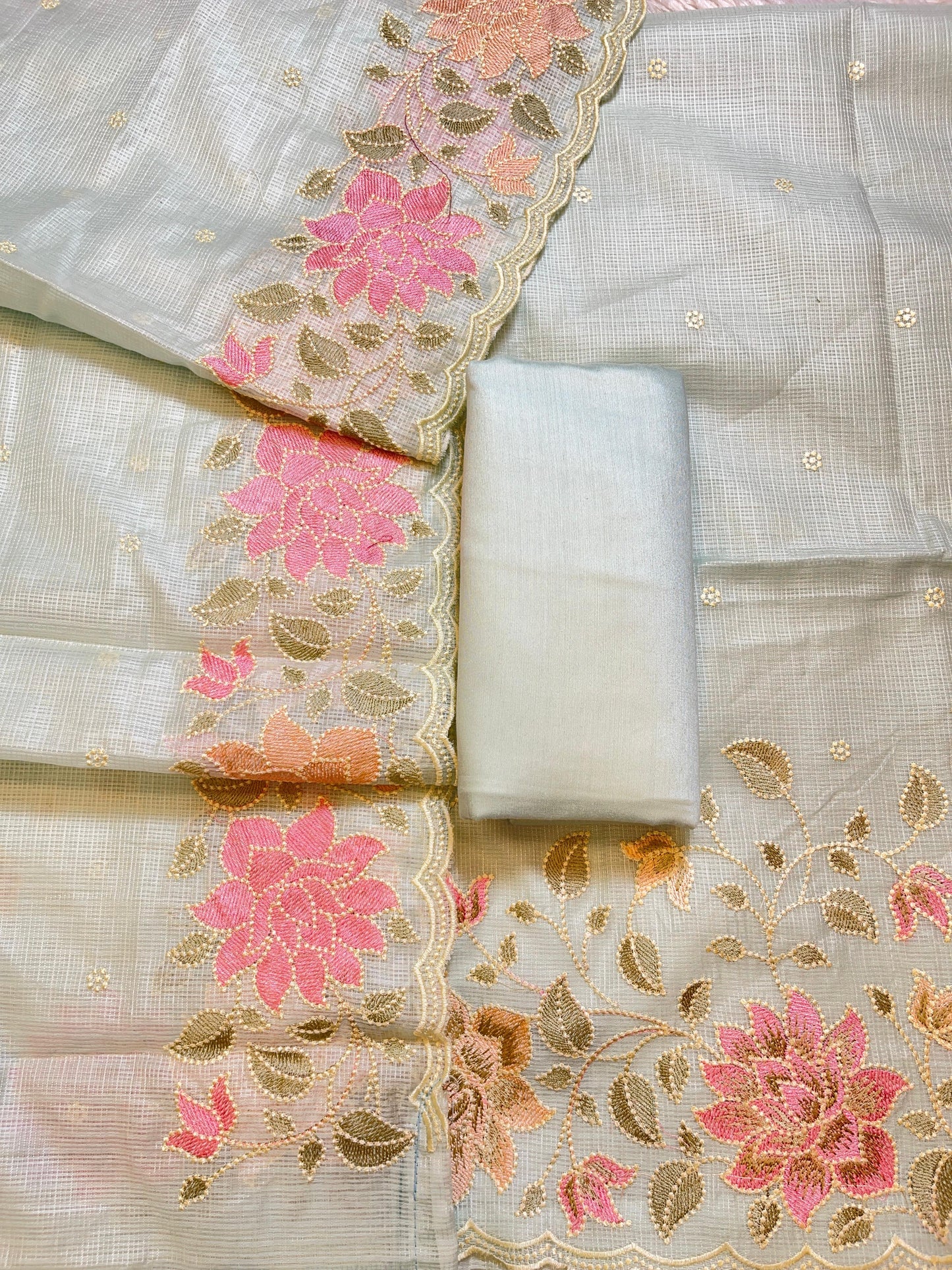 White Kota Check Embroidery Banarasi 3 pcs Suit Set 1100SKL_KC2