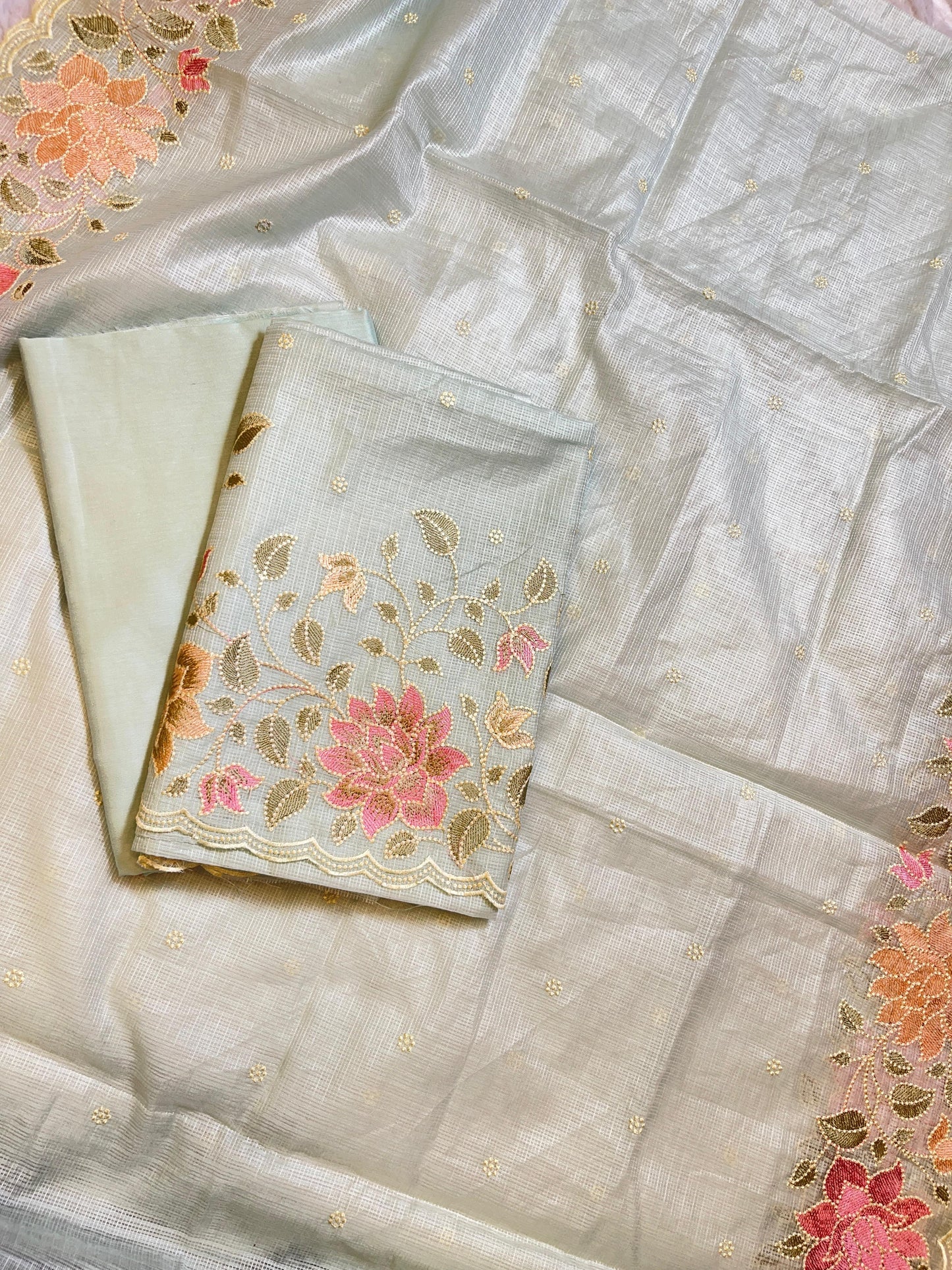 White Kota Check Embroidery Banarasi 3 pcs Suit Set 1100SKL_KC2