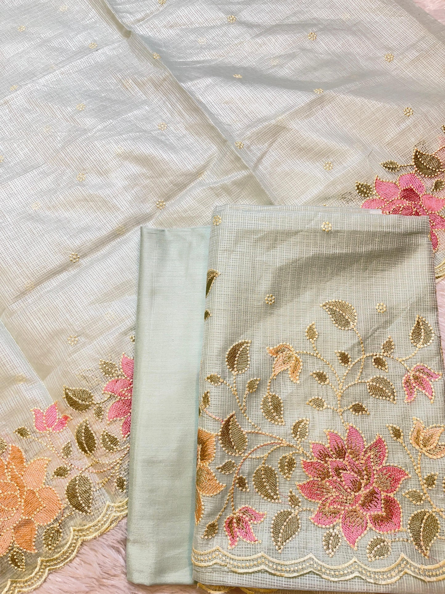 White Kota Check Embroidery Banarasi 3 pcs Suit Set 1100SKL_KC2