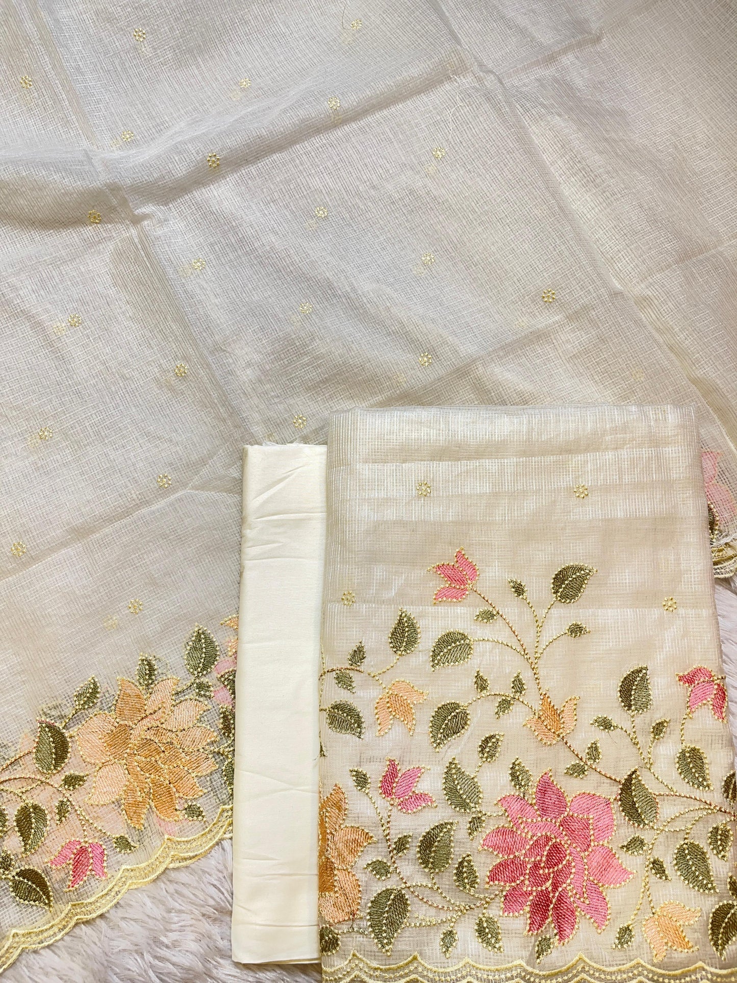 Beige Kota Check Embroidery Banarasi 3 pcs Suit Set 1100SKL_KC3