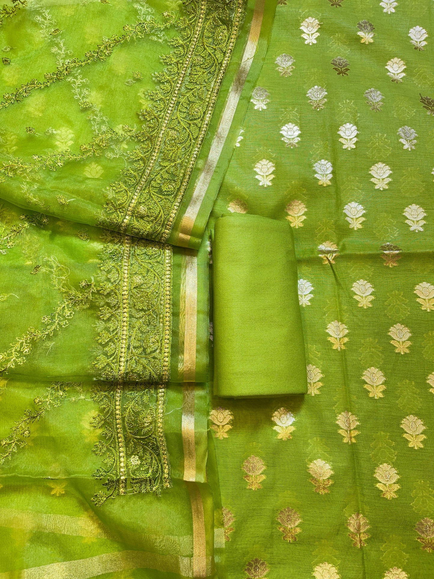 Pista Green Mescrize Cotton Banarasi 3 pcs Suit Set with Resham Embroidery Dupatta 1100SKL_MSK3