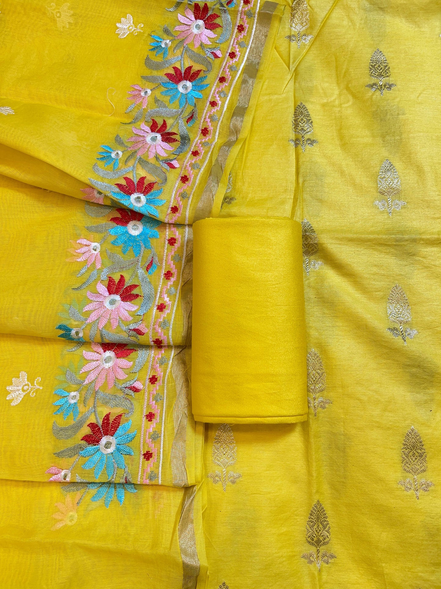 Yellow Mescrize Cotton Banarasi 3 pcs Suit Set with Resham Embroidery Dupatta 1100SKL_MEL2