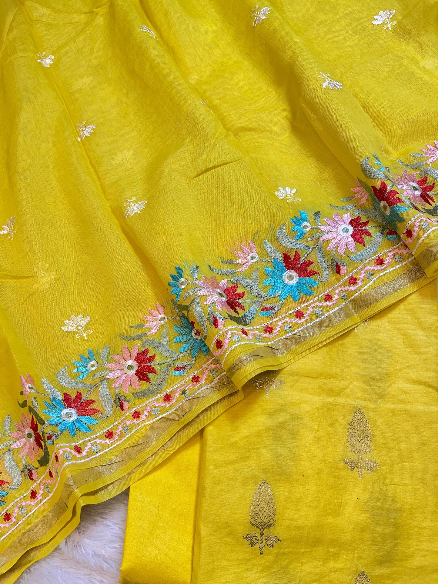 Yellow Mescrize Cotton Banarasi 3 pcs Suit Set with Resham Embroidery Dupatta 1100SKL_MEL2