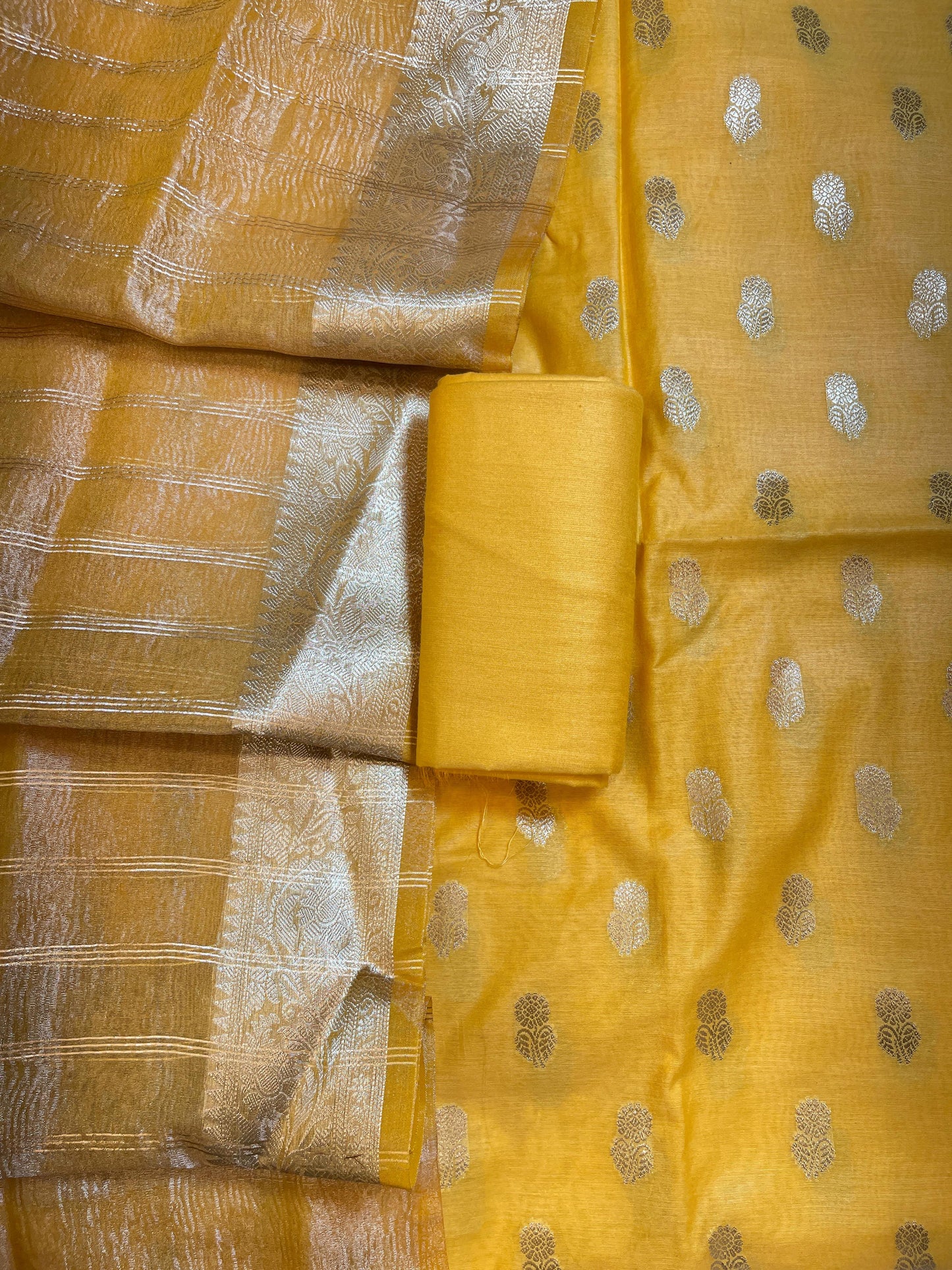 Yellow Mescrize Cotton Banarasi 3 pcs Suit Set with Crush Tissue Dupatta 1100SKL_MSC3