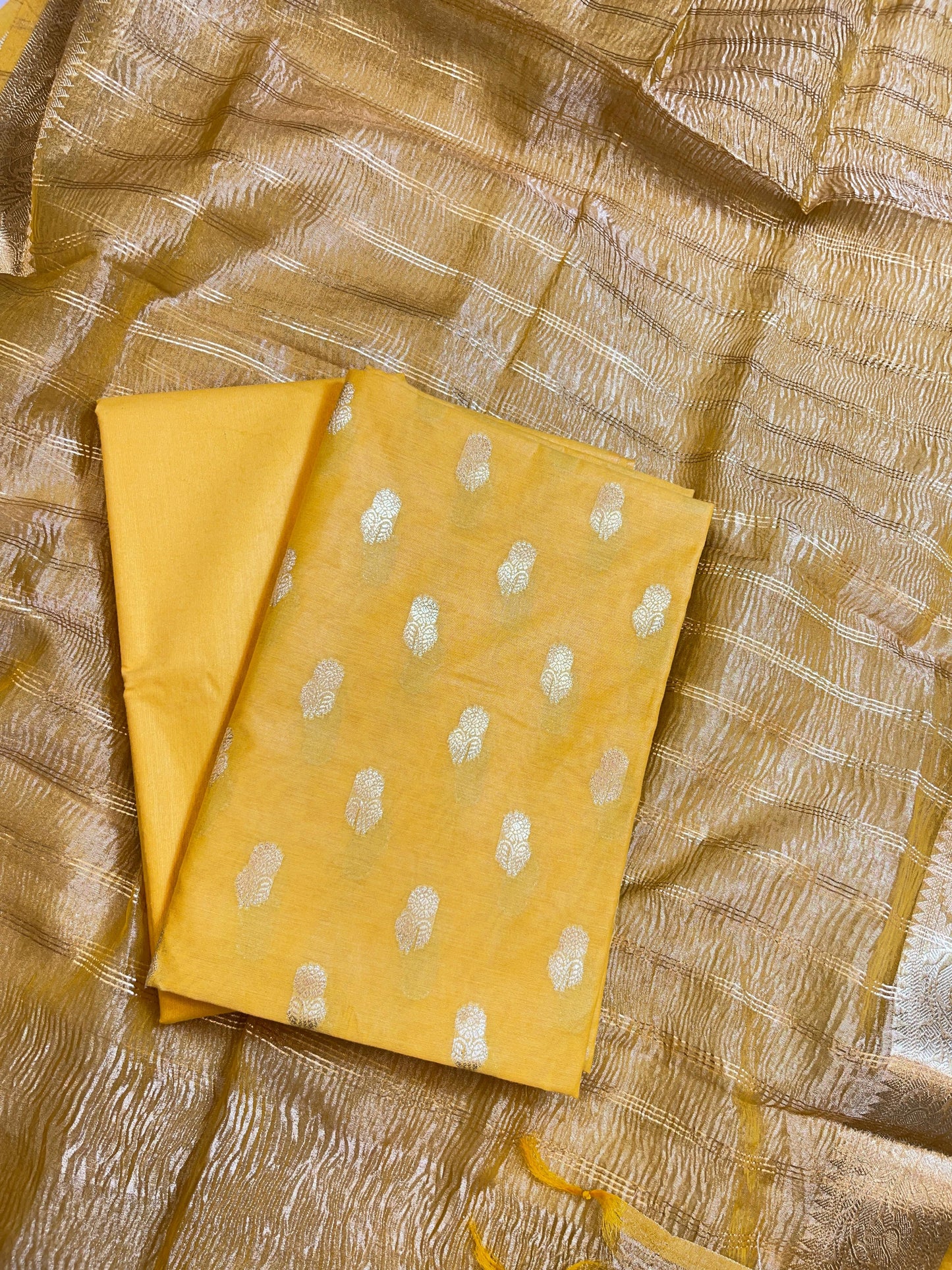 Yellow Mescrize Cotton Banarasi 3 pcs Suit Set with Crush Tissue Dupatta 1100SKL_MSC3