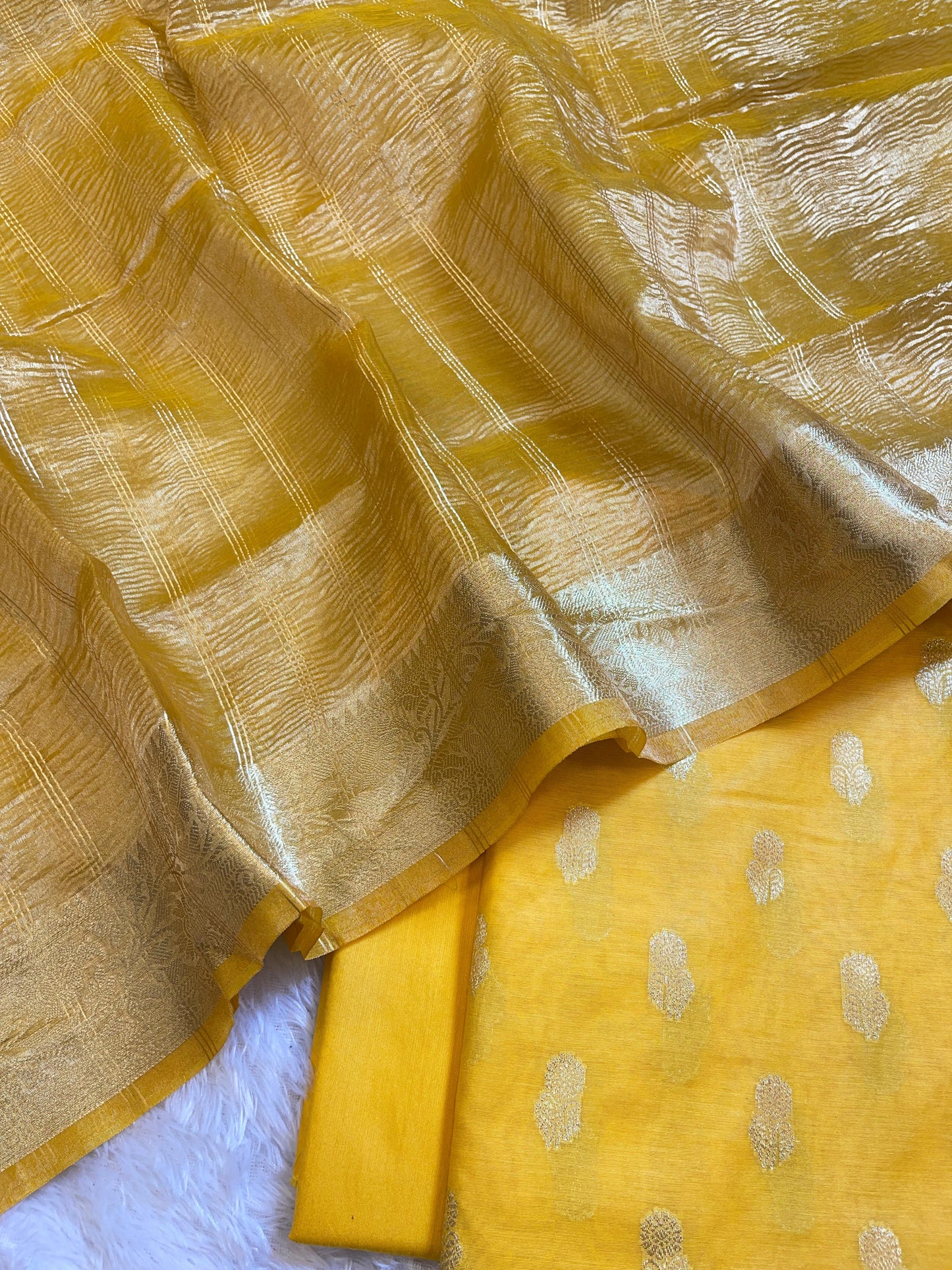 Yellow Mescrize Cotton Banarasi 3 pcs Suit Set with Crush Tissue Dupatta 1100SKL_MSC3