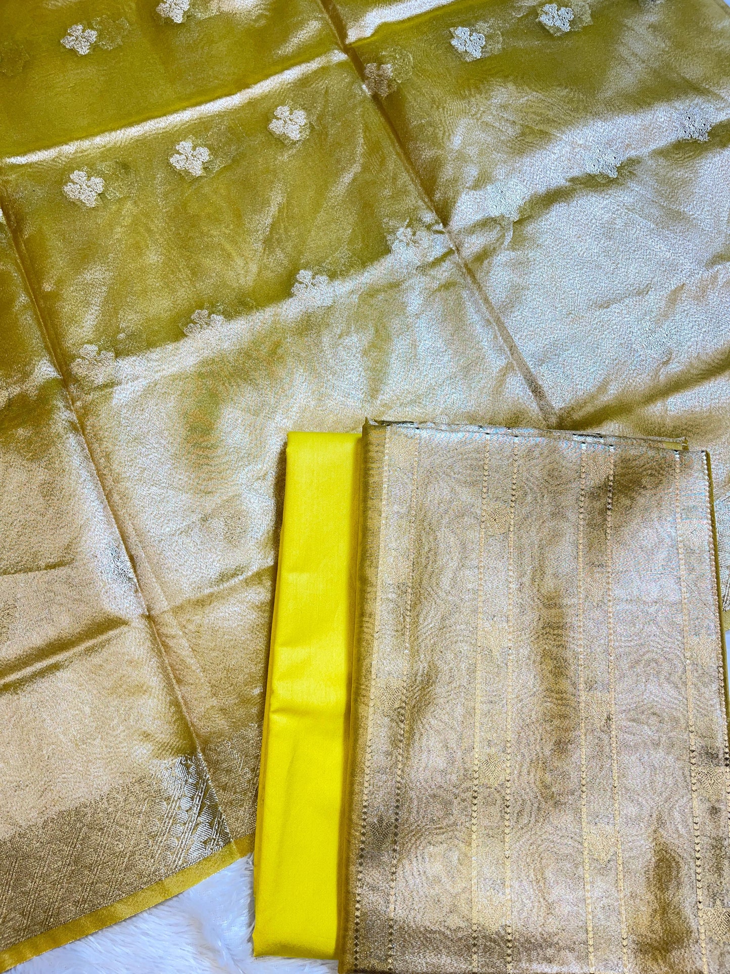 Yellow Tissue Silk Zari Stripe Banarasi 3 pcs Suit Set 1100SKL_TSU2