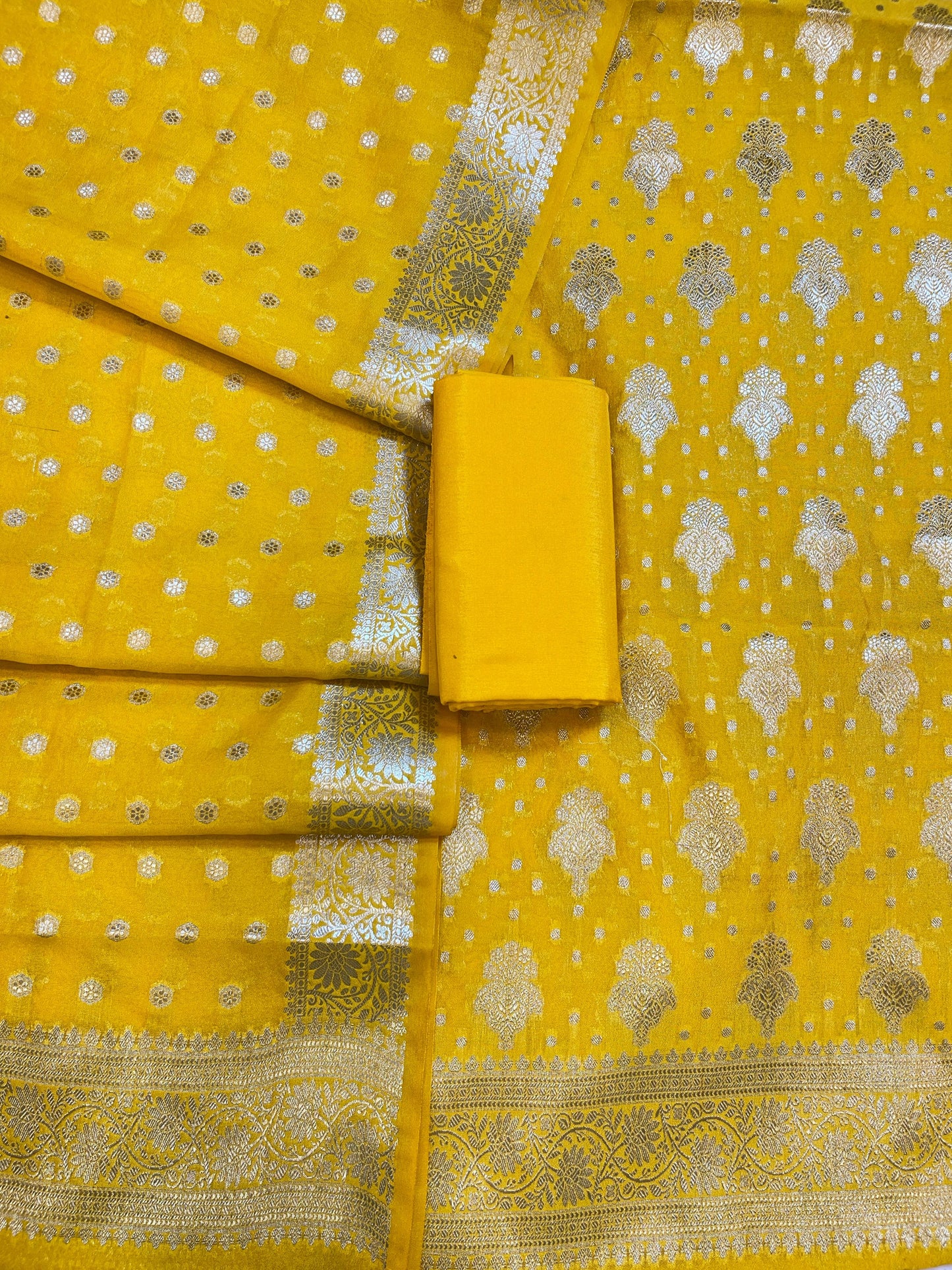 Yellow Georgette Silver Zari Banarasi 3 pcs Suit Set 1200SKL_GE2