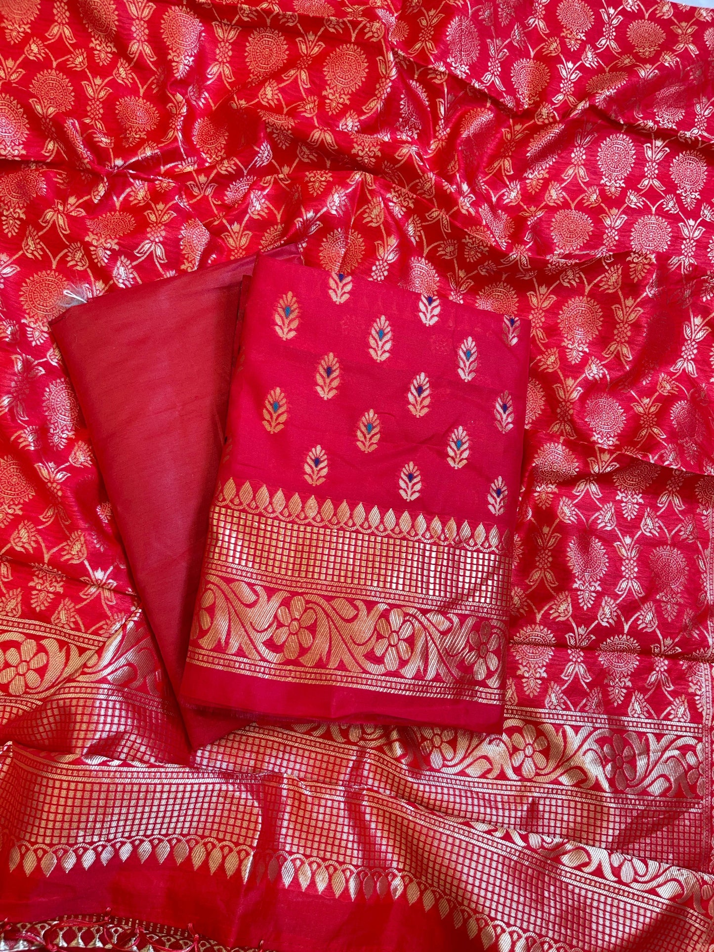 Red Butter Silk Zari Mina Booti Banarasi 3 pcs Suit Set 600SKL_BS11
