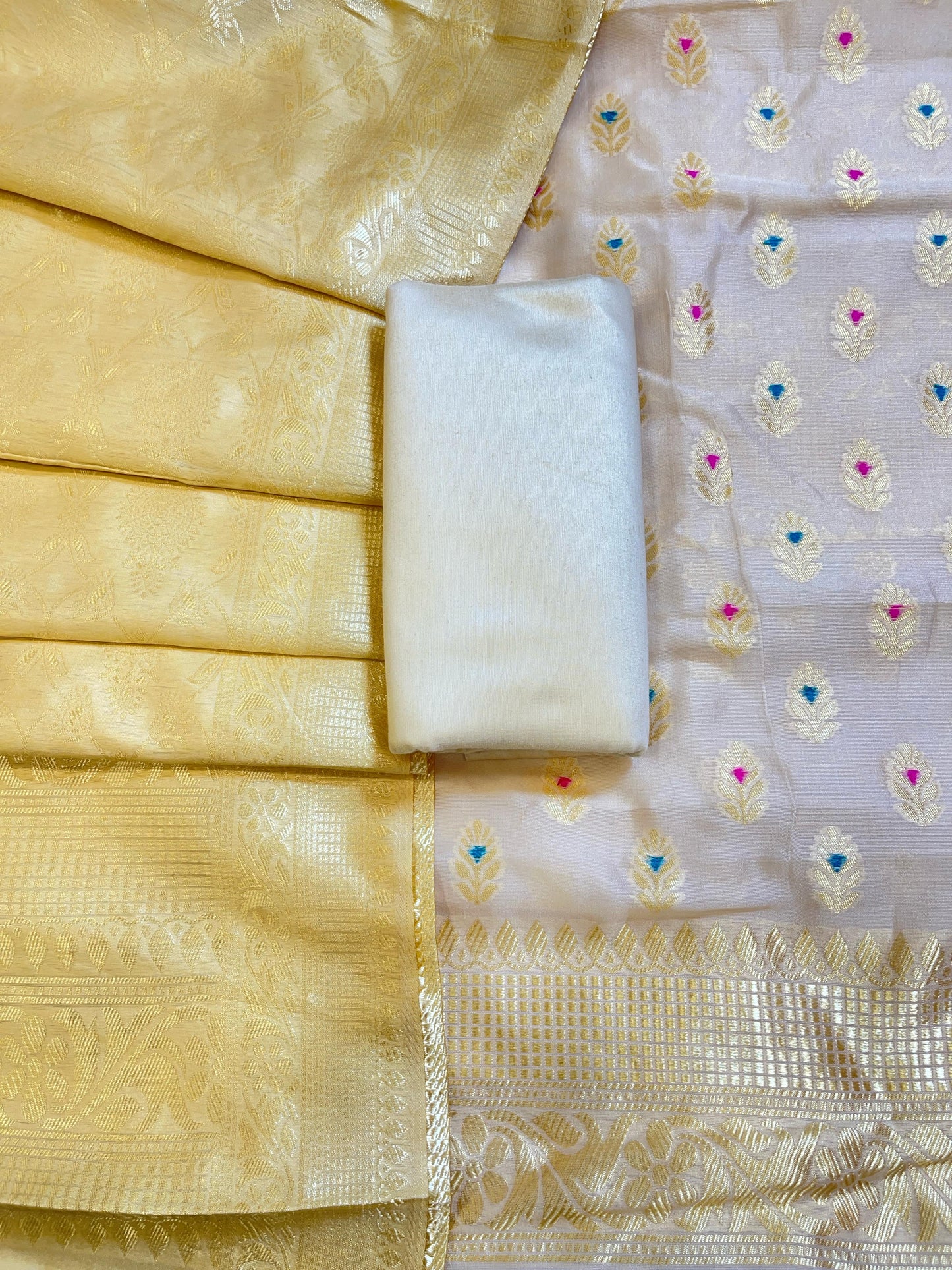 White Butter Silk Zari Mina Booti Banarasi 3 pcs Suit Set 600SKL_BS13