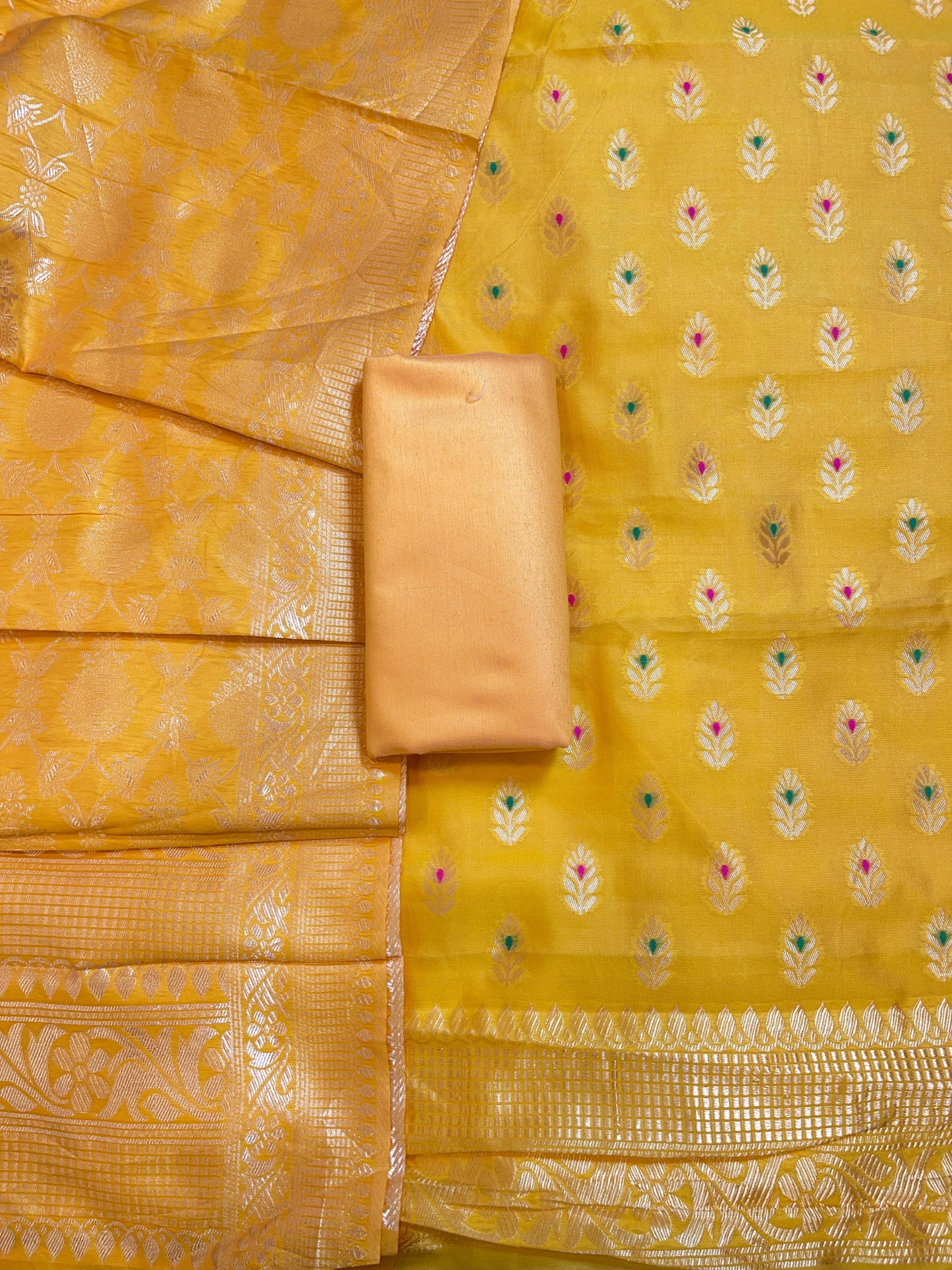 Yellow Butter Silk Zari Mina Booti Banarasi 3 pcs Suit Set 600SKL_BS16