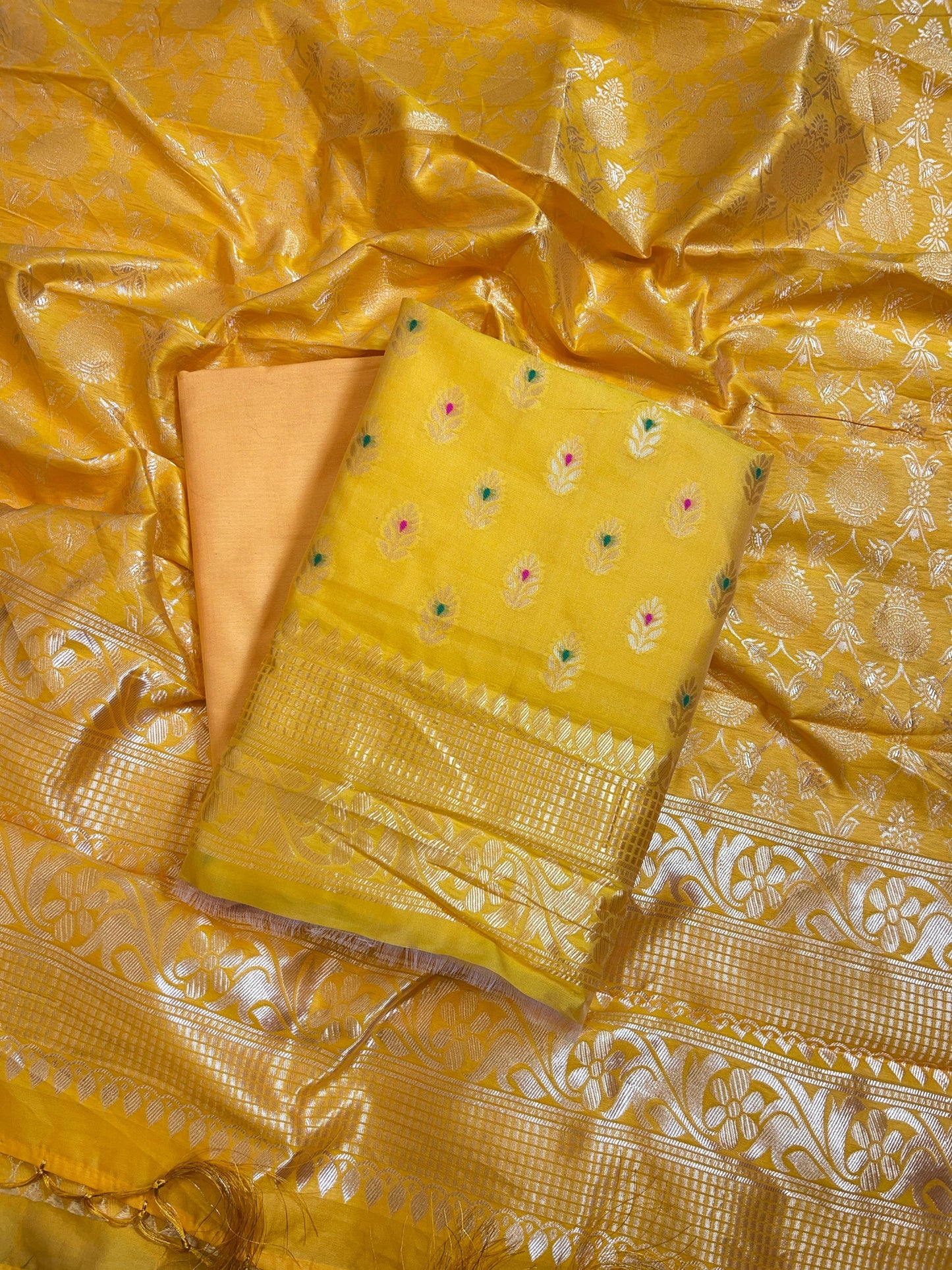 Yellow Butter Silk Zari Mina Booti Banarasi 3 pcs Suit Set 600SKL_BS16