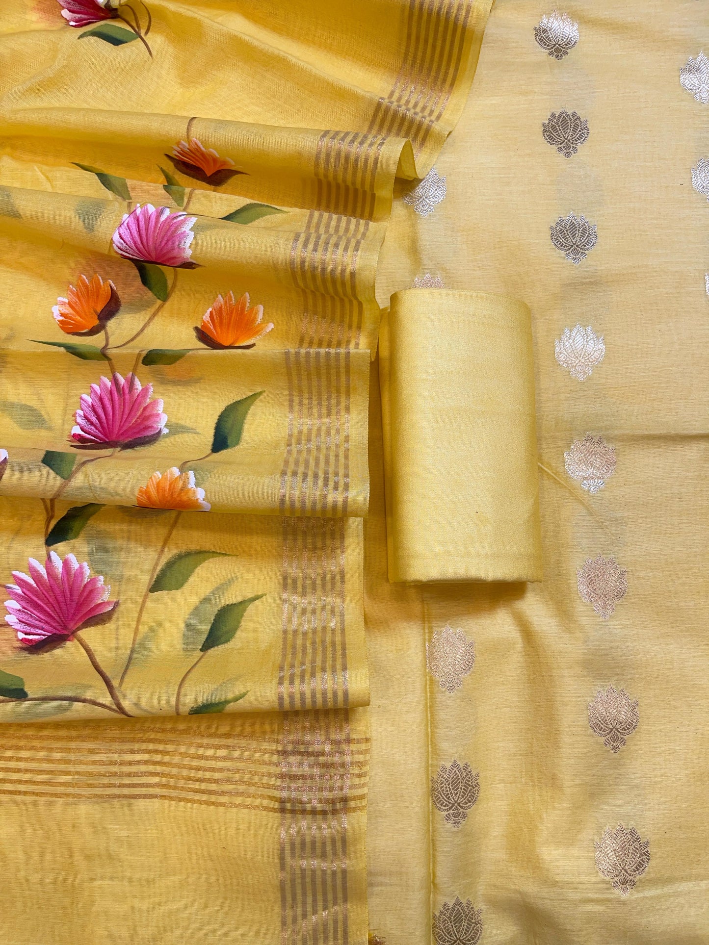 Yellow Pure Mercerize Silk Zari Booti 3 pcs Suit set with Handpainted Dupatta 1000SKL_PM3