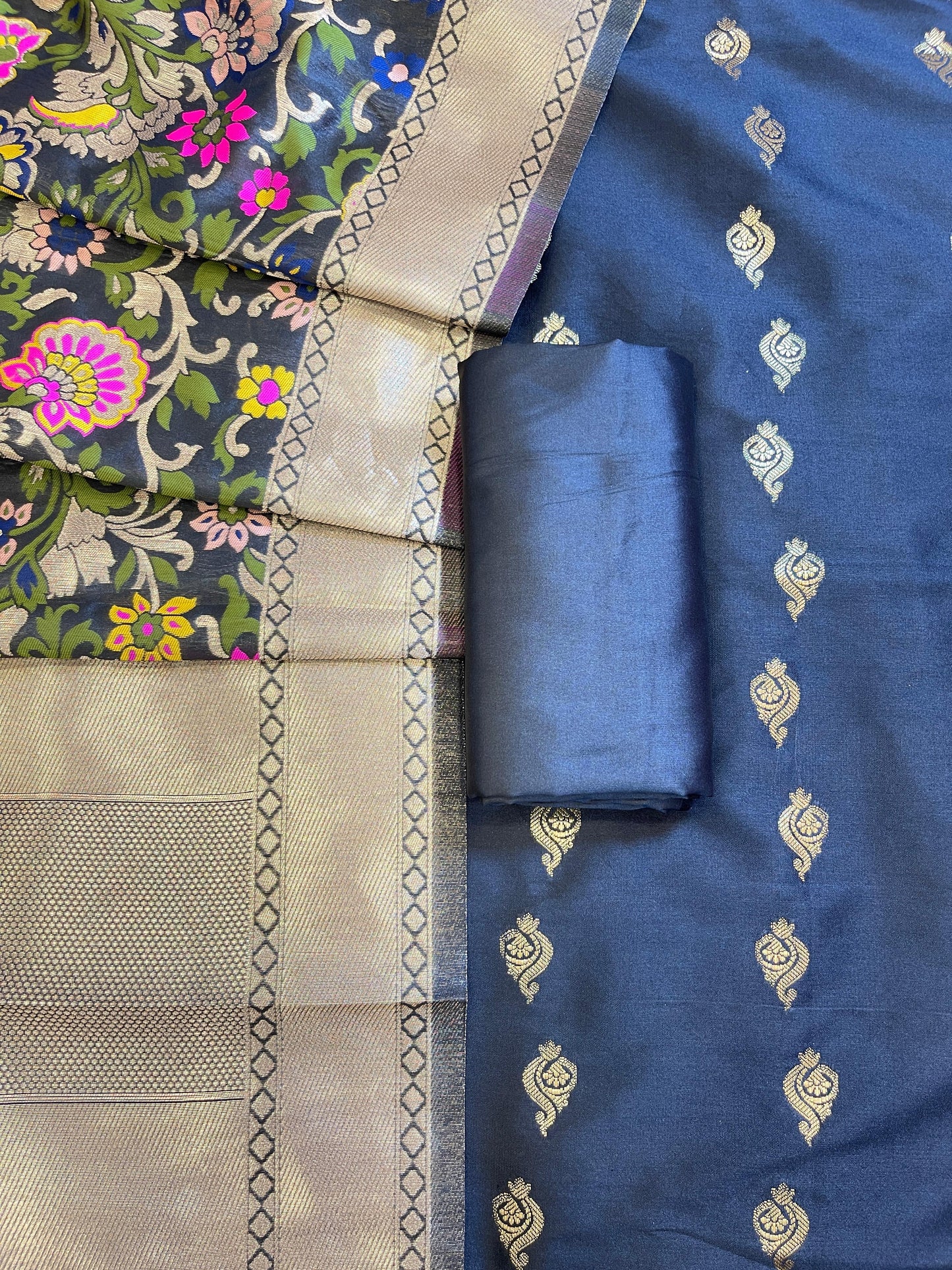 Black Katan Silk Zari Booti Banarasi 3 pcs Suit Set with Multicolor Mina Dupatta 700SKL_KS8