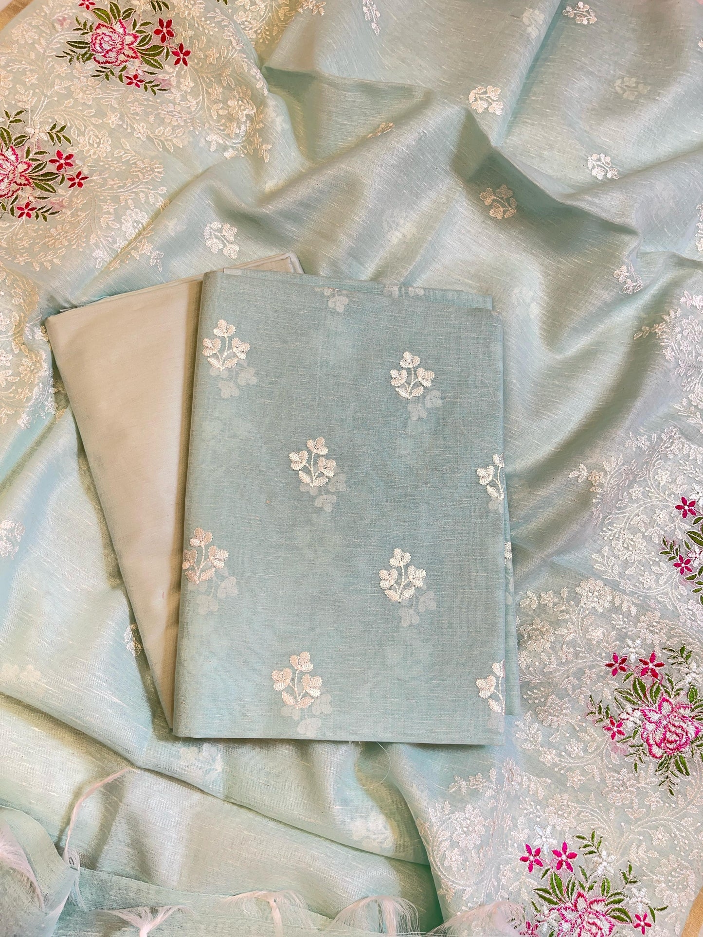Sea Green Linen Banarasi 3 pcs Suit Set with Embroidery Dupatta 1100SKL_LN5