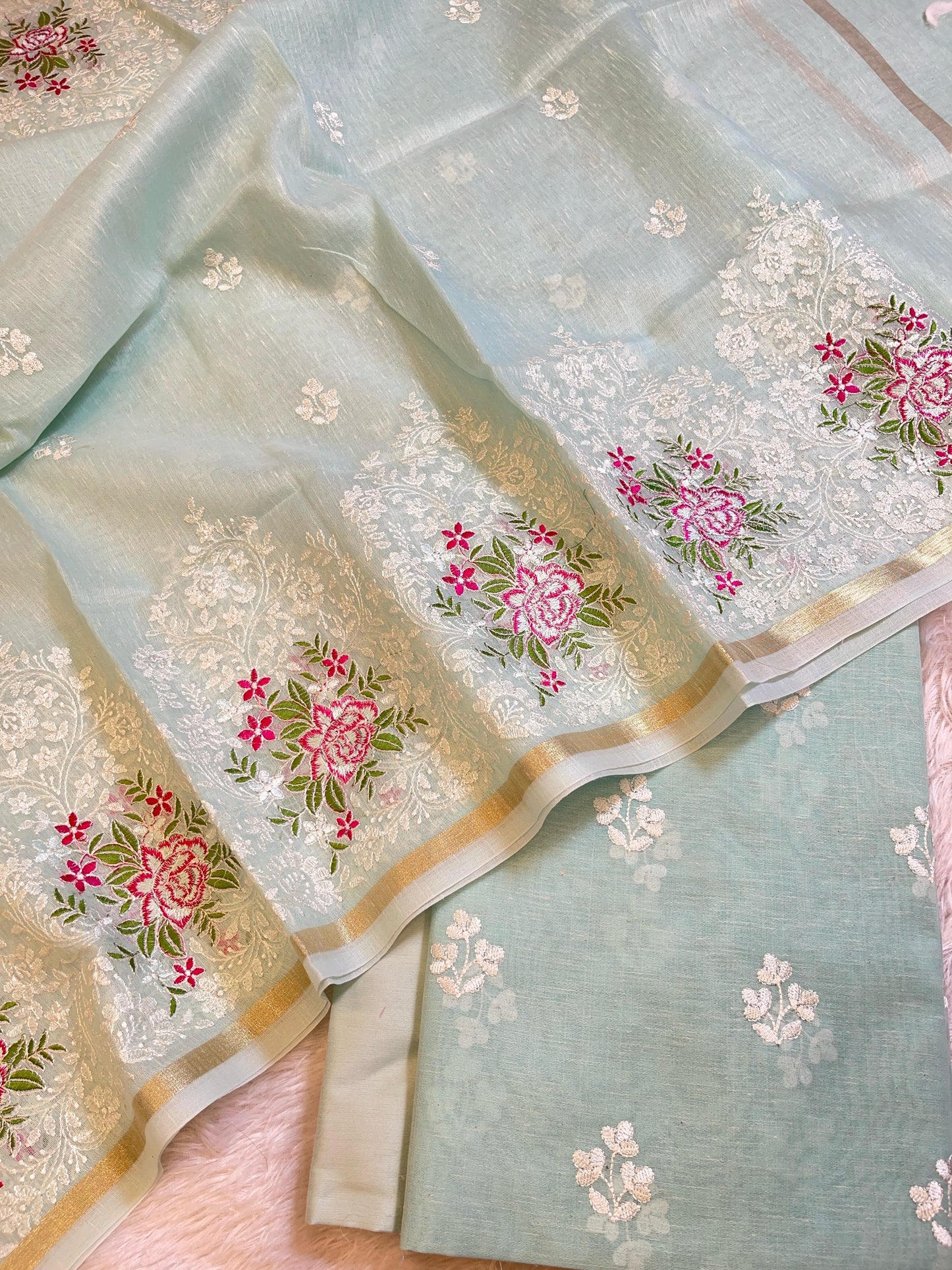Sea Green Linen Banarasi 3 pcs Suit Set with Embroidery Dupatta 1100SKL_LN5
