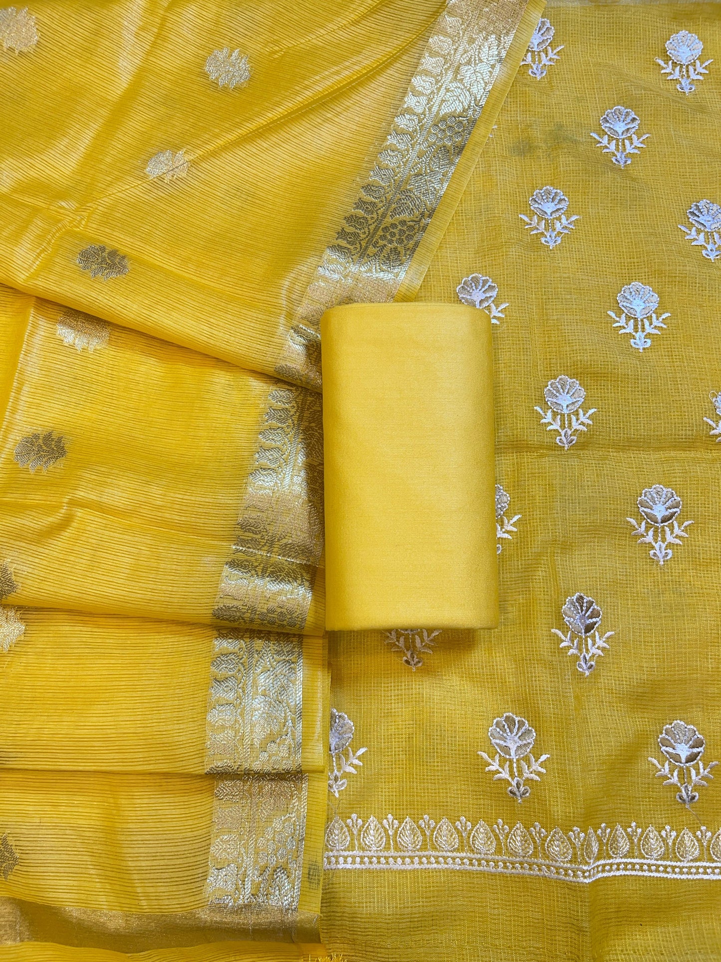 Yellow Kota Check Embroidery Banarasi 3 pcs Suit Set 1000SKL_KC3