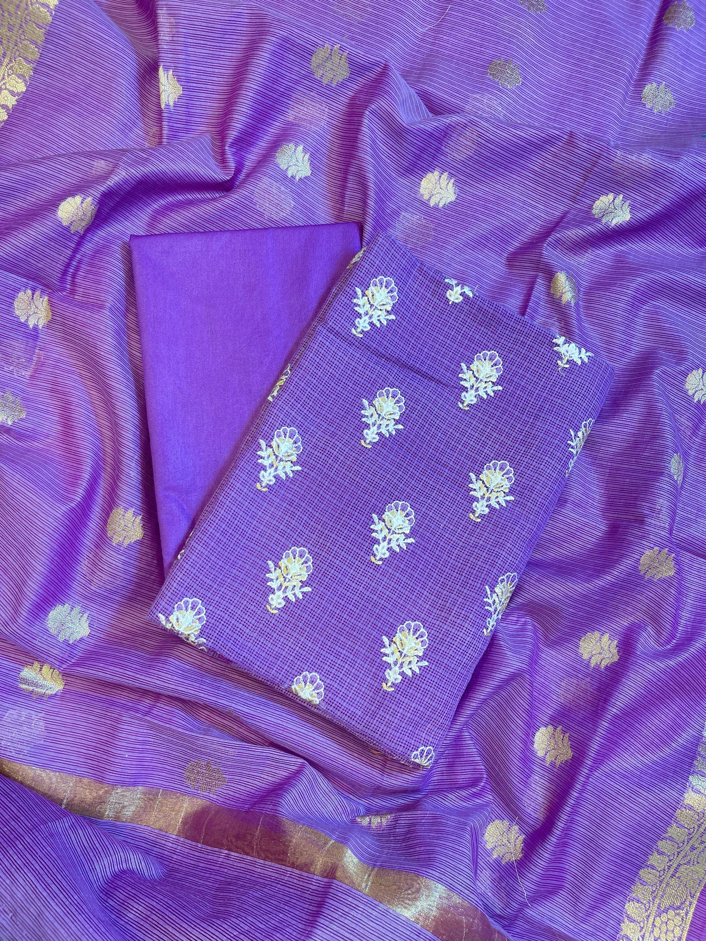 Purple Kota Check Embroidery Banarasi 3 pcs Suit Set 1000SKL_KC4