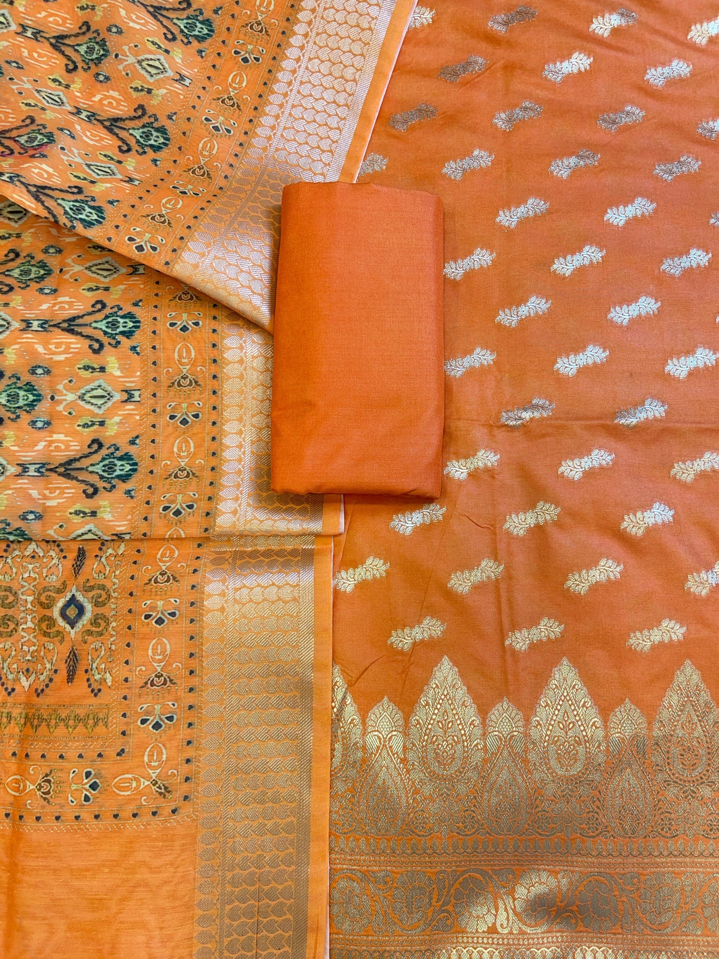 Orange Katan Silk Floral Zari Booti with Cotton Print Dupatta Banarasi 3 pcs Suit Set 1500AJ_KCP3