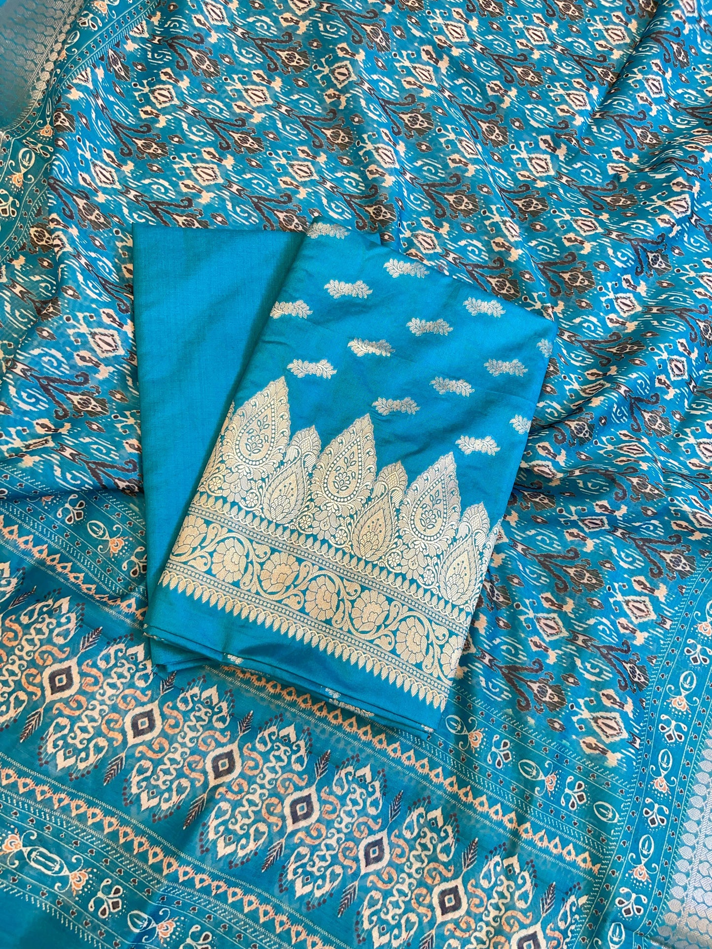 Sky Blue Katan Silk Floral Zari Booti with Cotton Print Dupatta Banarasi 3 pcs Suit Set 1500AJ_KCP4