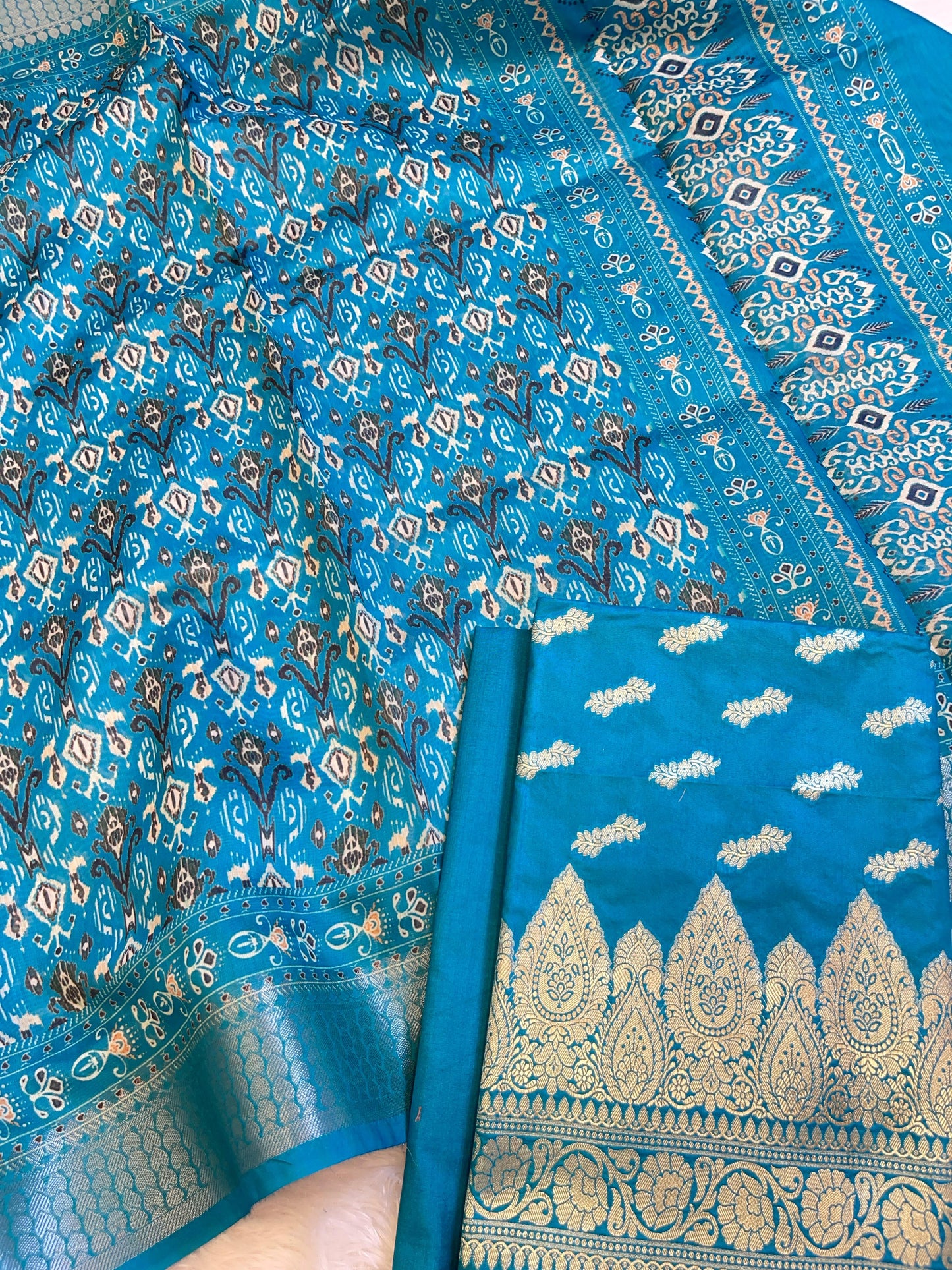 Sky Blue Katan Silk Floral Zari Booti with Cotton Print Dupatta Banarasi 3 pcs Suit Set 1500AJ_KCP4