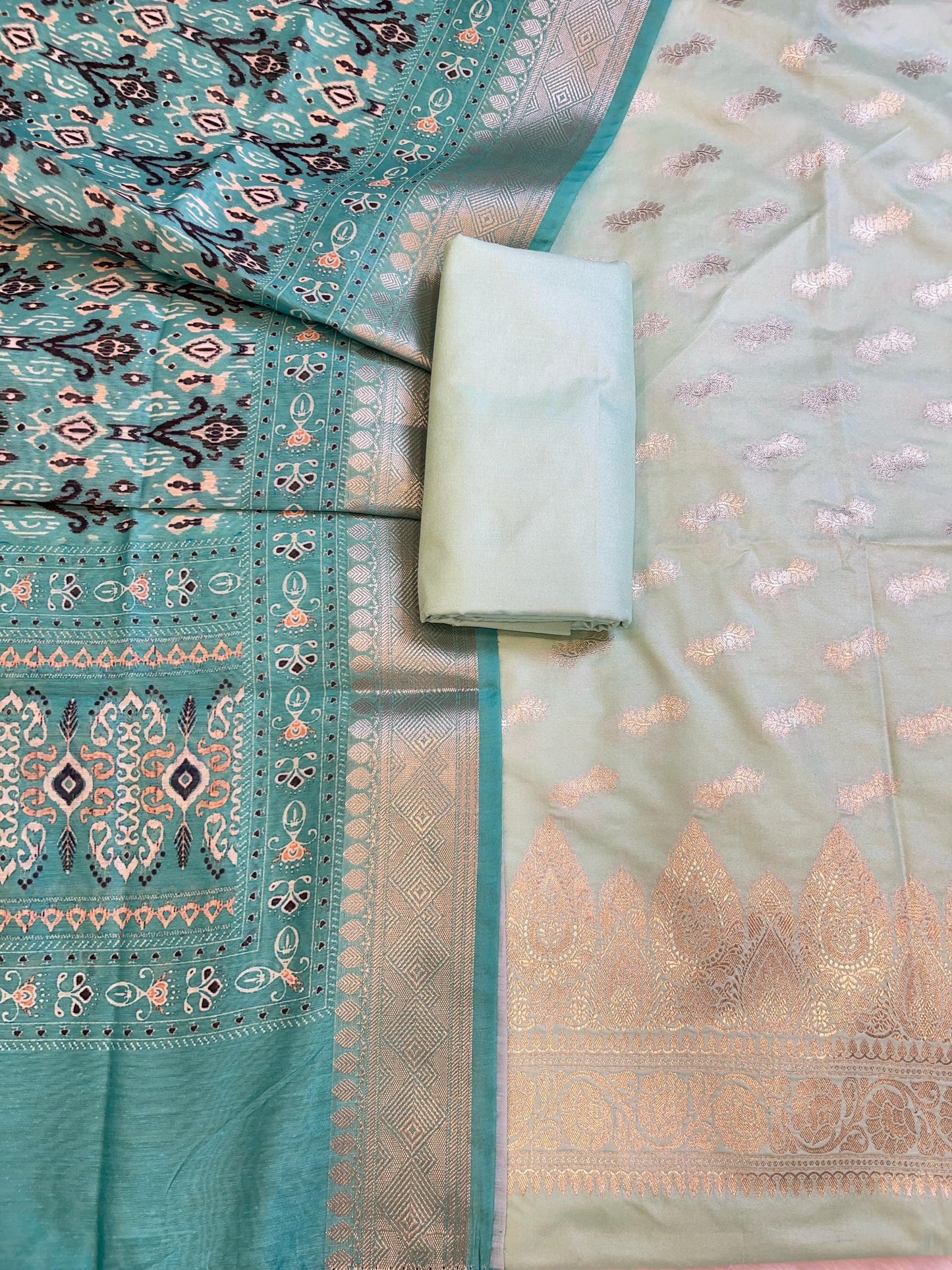 Seagreen Katan Silk Floral Zari Booti with Cotton Print Dupatta Banarasi 3 pcs Suit Set 1500AJ_KCP5