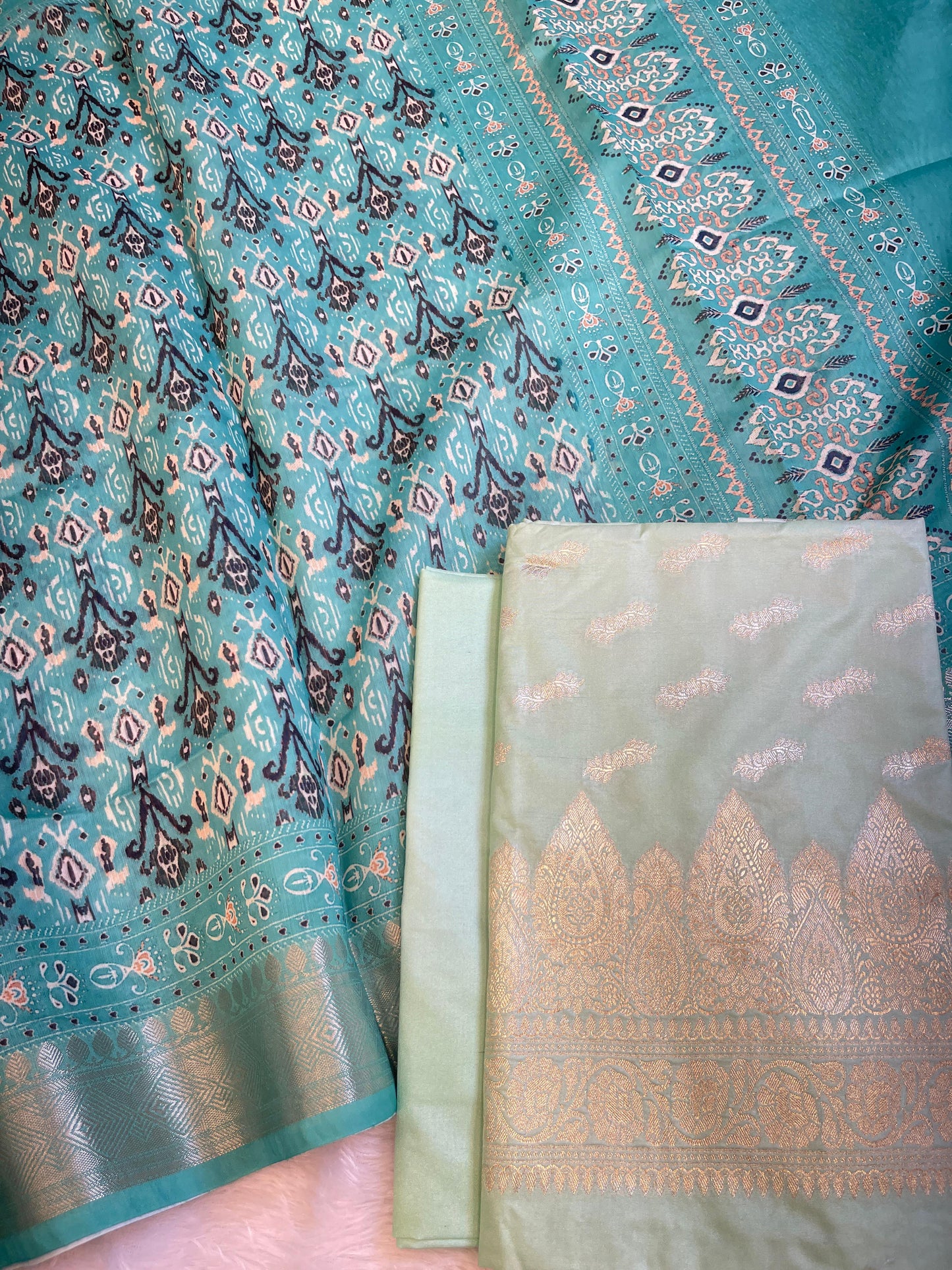 Seagreen Katan Silk Floral Zari Booti with Cotton Print Dupatta Banarasi 3 pcs Suit Set 1500AJ_KCP5