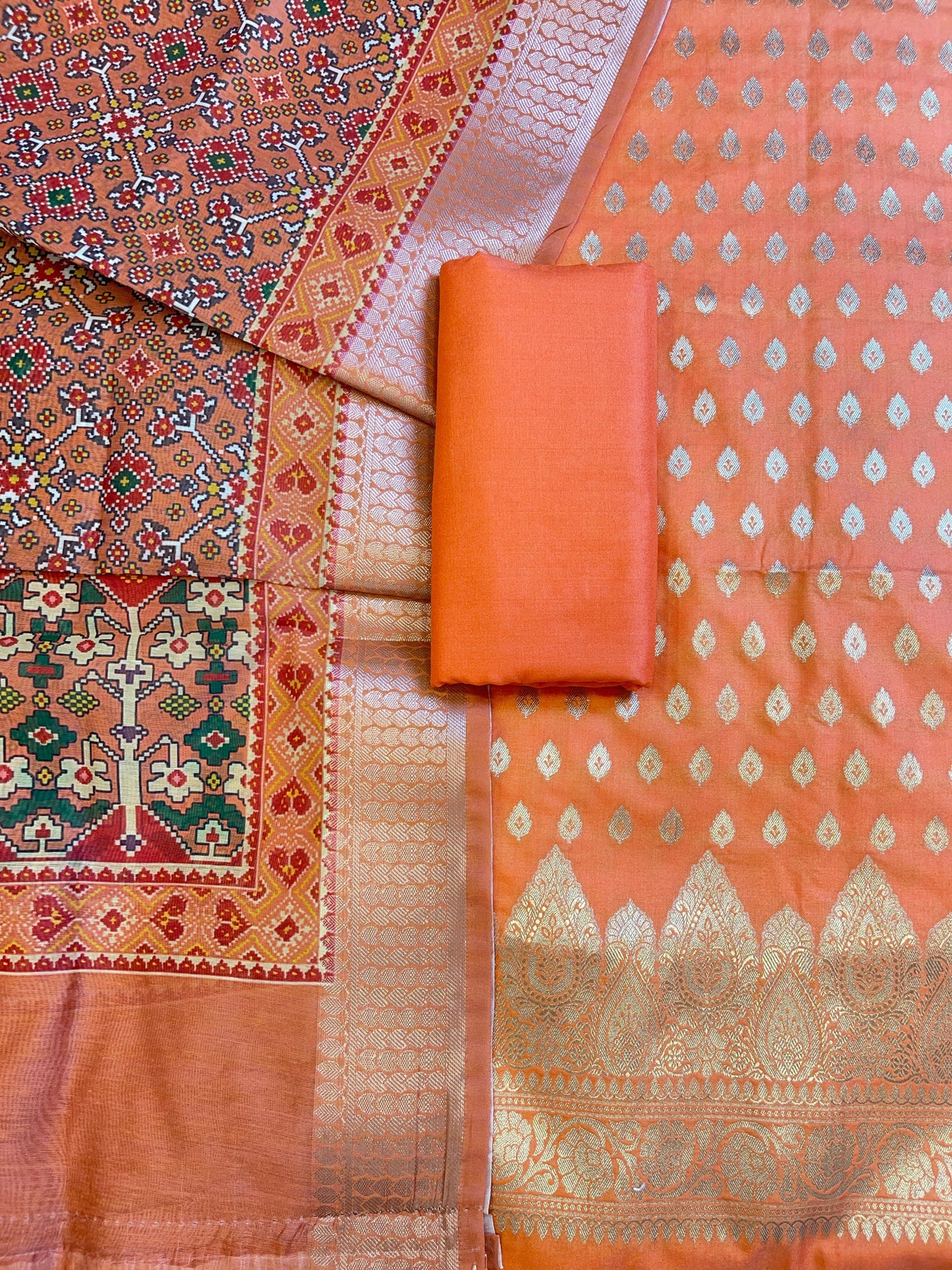 Orange Katan Silk Floral Chunri Booti with Cotton Print Dupatta Banarasi 3 pcs Suit Set 1500AJ_KCP9