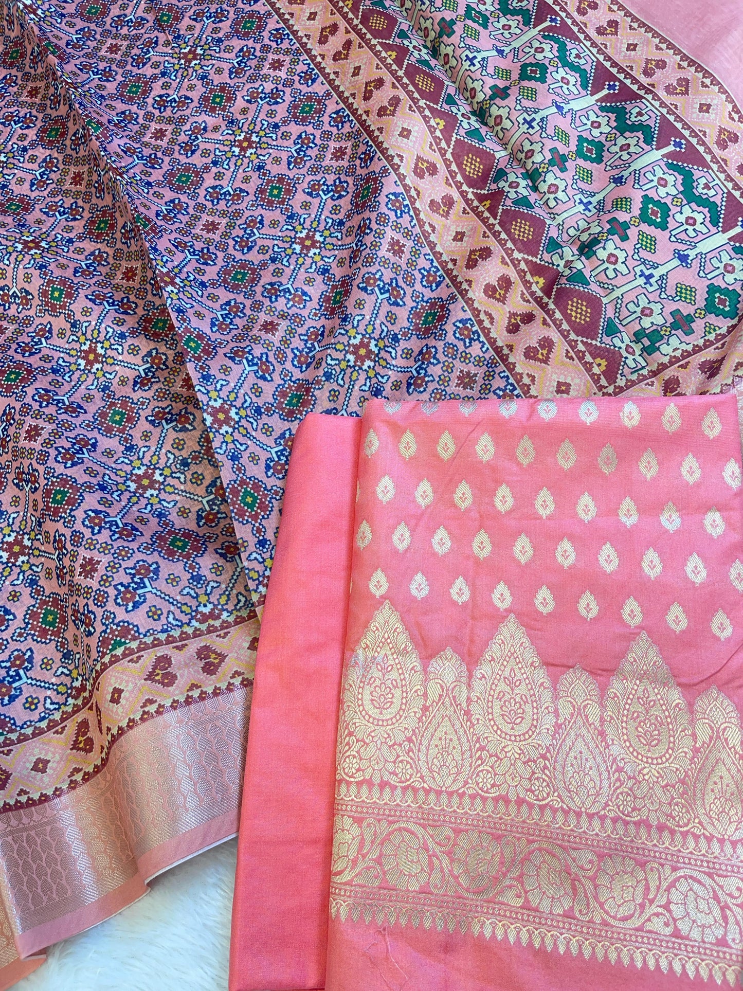 Peach Katan Silk Floral Chunri Booti with Cotton Print Dupatta Banarasi 3 pcs Suit Set 1500AJ_KCP10