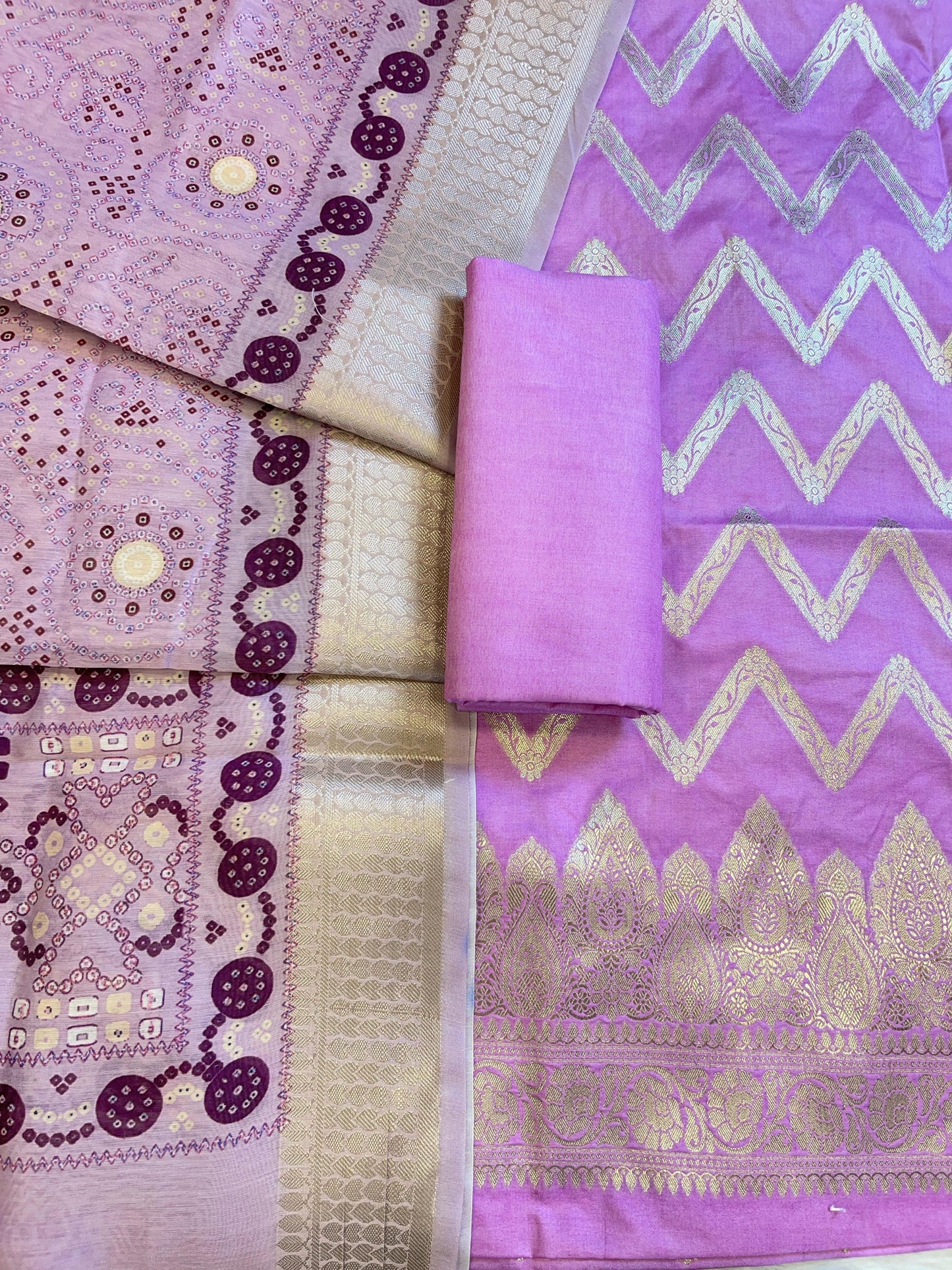 Lavender Katan Silk Zari Zig-Zag with Cotton Print Dupatta Banarasi 3 pcs Suit Set 1500AJ_KCP15