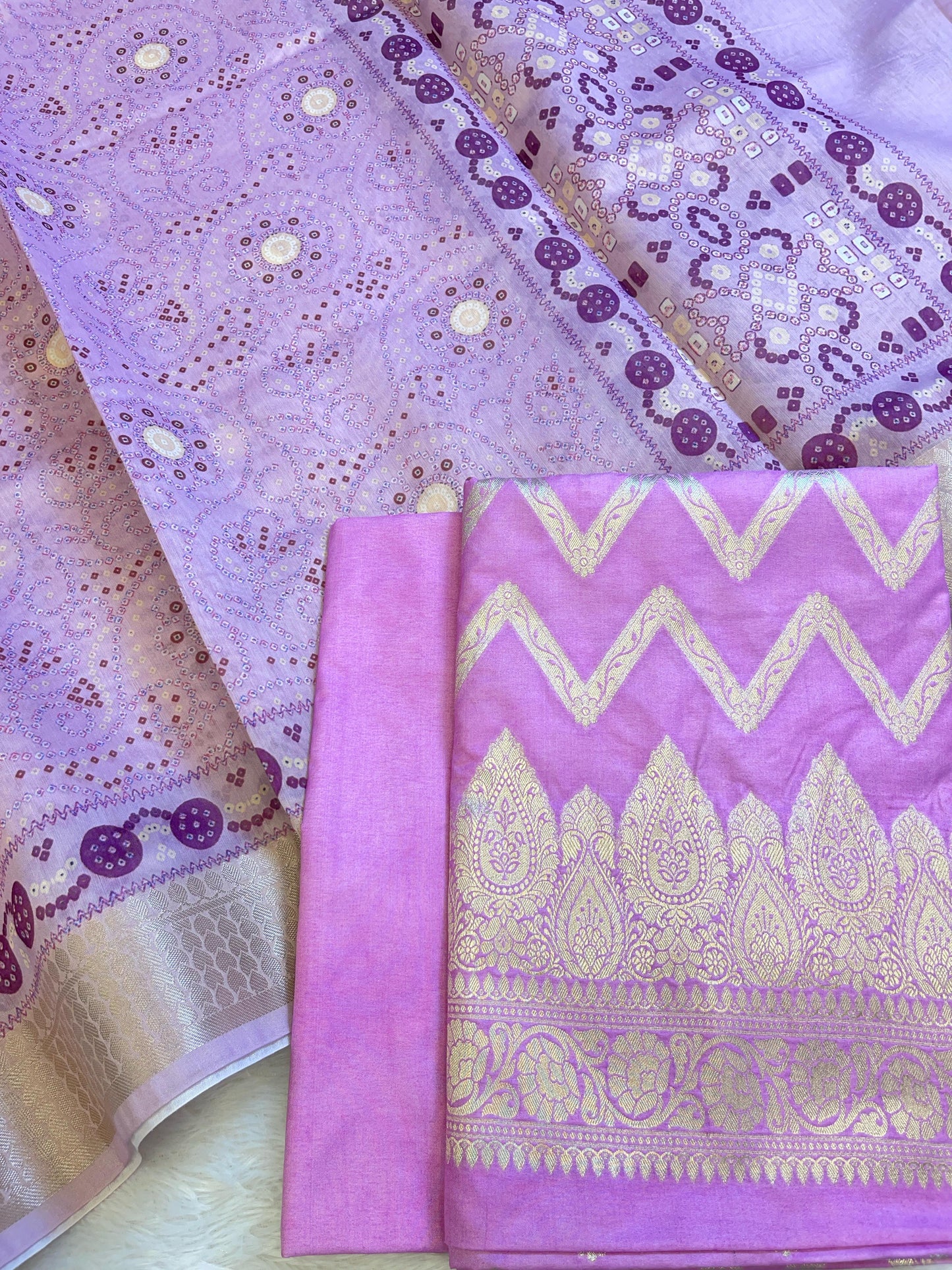 Lavender Katan Silk Zari Zig-Zag with Cotton Print Dupatta Banarasi 3 pcs Suit Set 1500AJ_KCP15