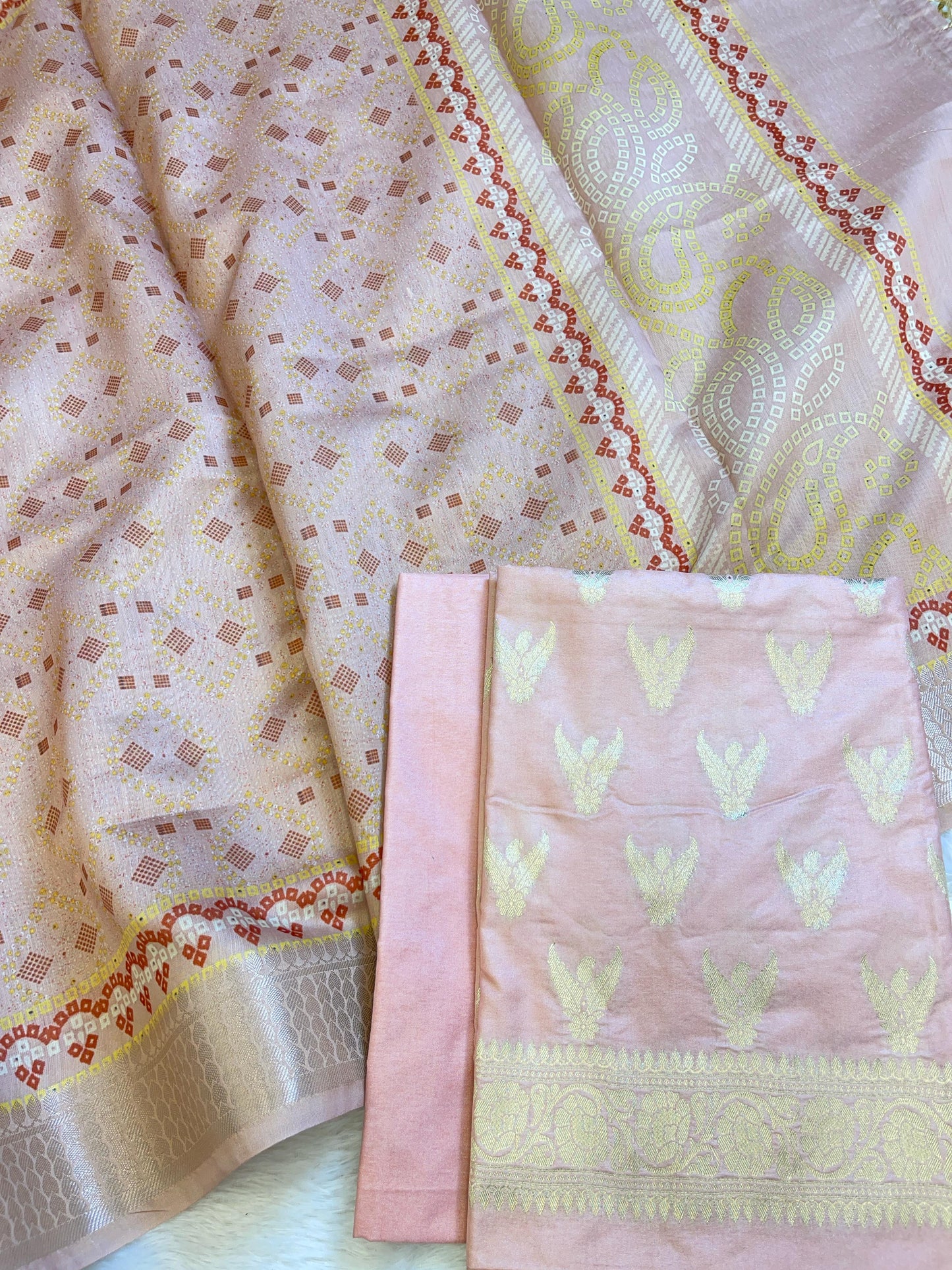 Baby Pink Katan Silk Zari Zig-Zag with Cotton Print Dupatta Banarasi 3 pcs Suit Set 1500AJ_KCP17