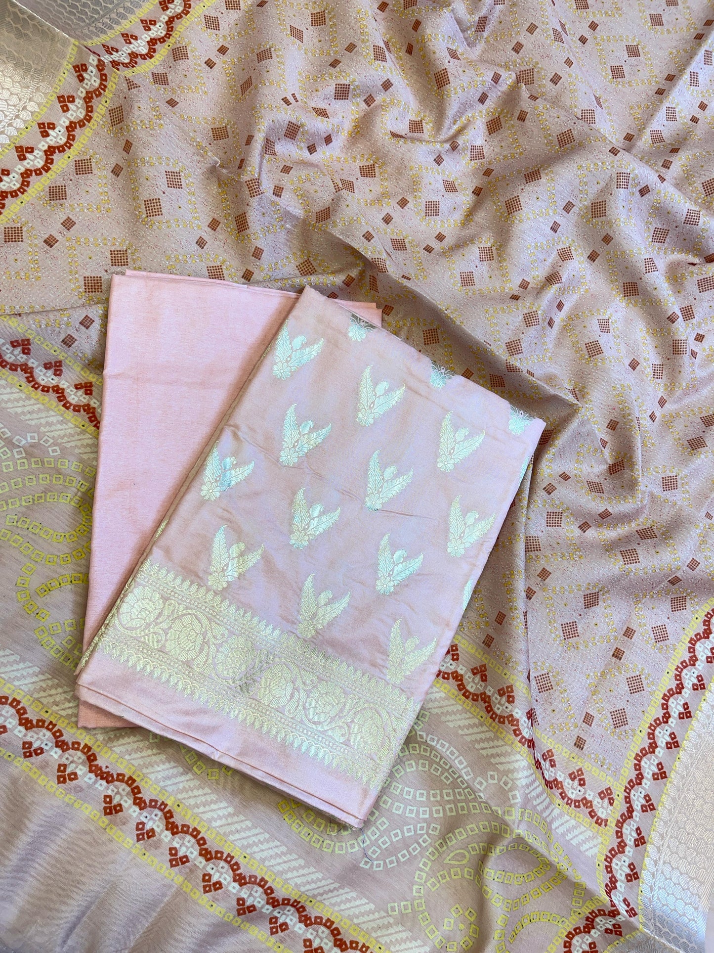 Baby Pink Katan Silk Zari Zig-Zag with Cotton Print Dupatta Banarasi 3 pcs Suit Set 1500AJ_KCP17