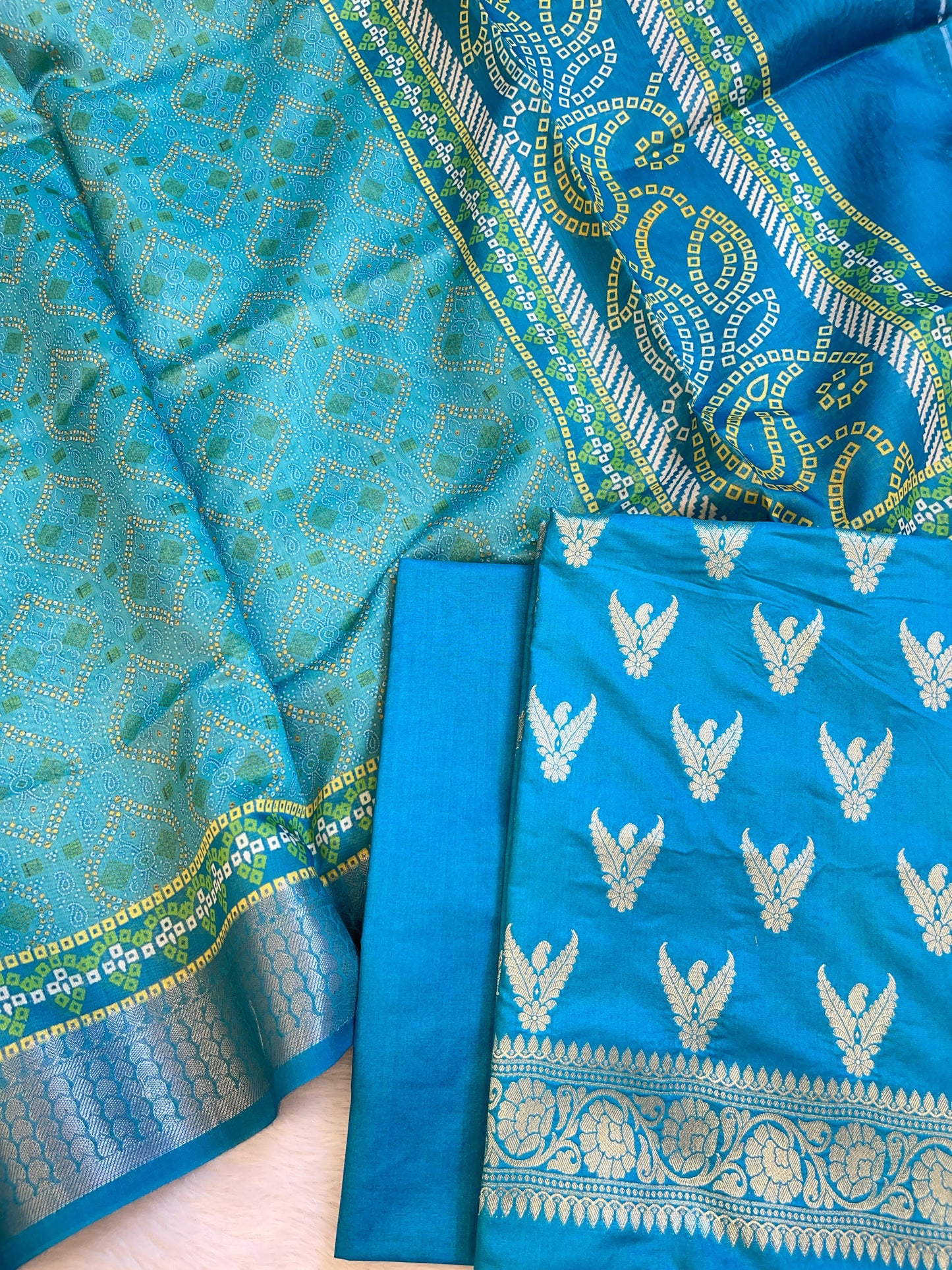 Seagreen Katan Silk Zari Zig-Zag with Cotton Print Dupatta Banarasi 3 pcs Suit Set 1500AJ_KCP18