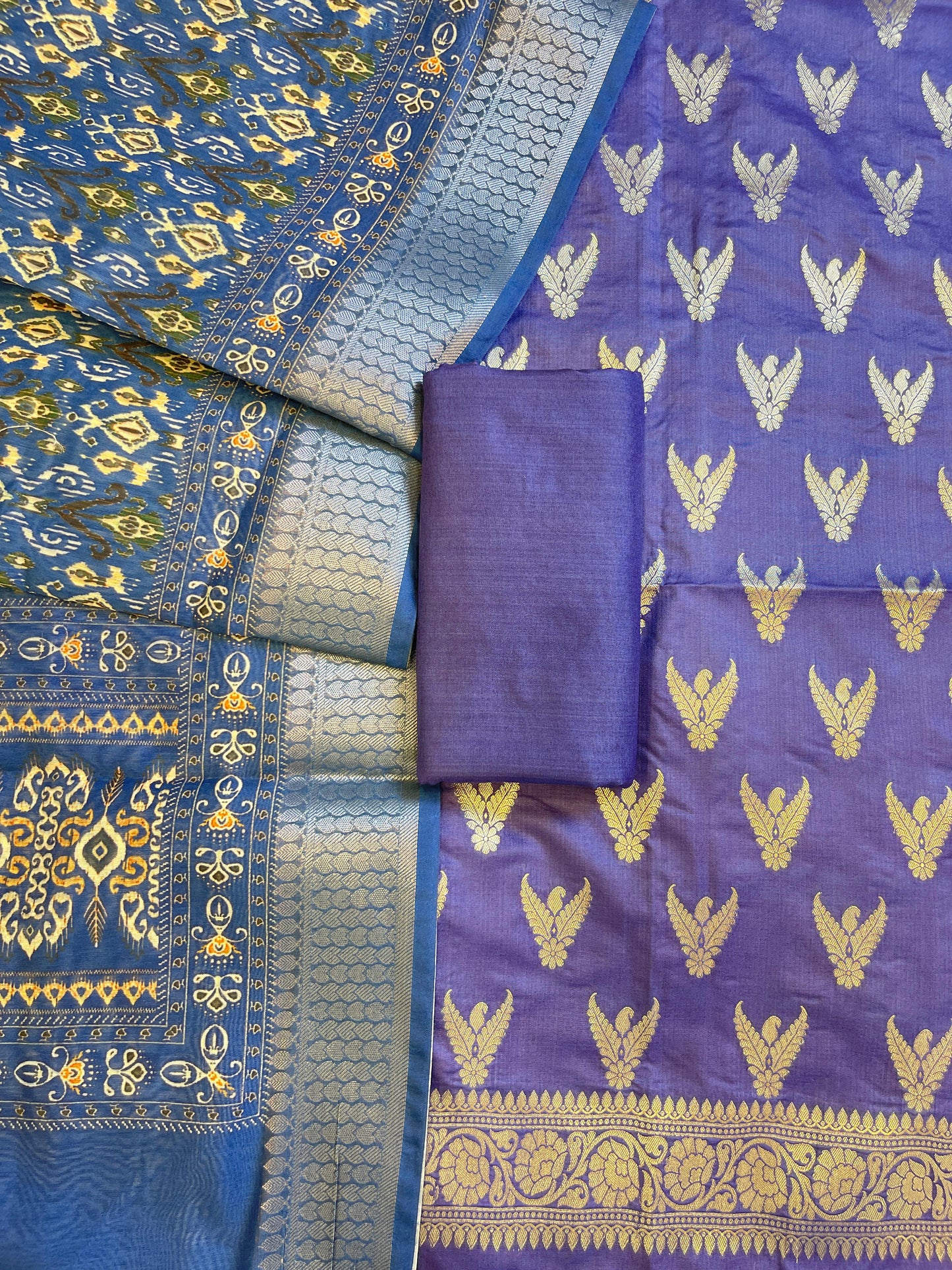 Violet Blue Katan Silk Zari Zig-Zag with Cotton Print Dupatta Banarasi 3 pcs Suit Set 1500AJ_KCP20