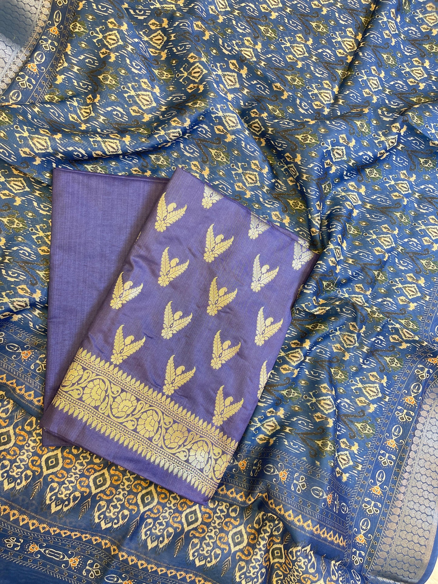 Violet Blue Katan Silk Zari Zig-Zag with Cotton Print Dupatta Banarasi 3 pcs Suit Set 1500AJ_KCP20
