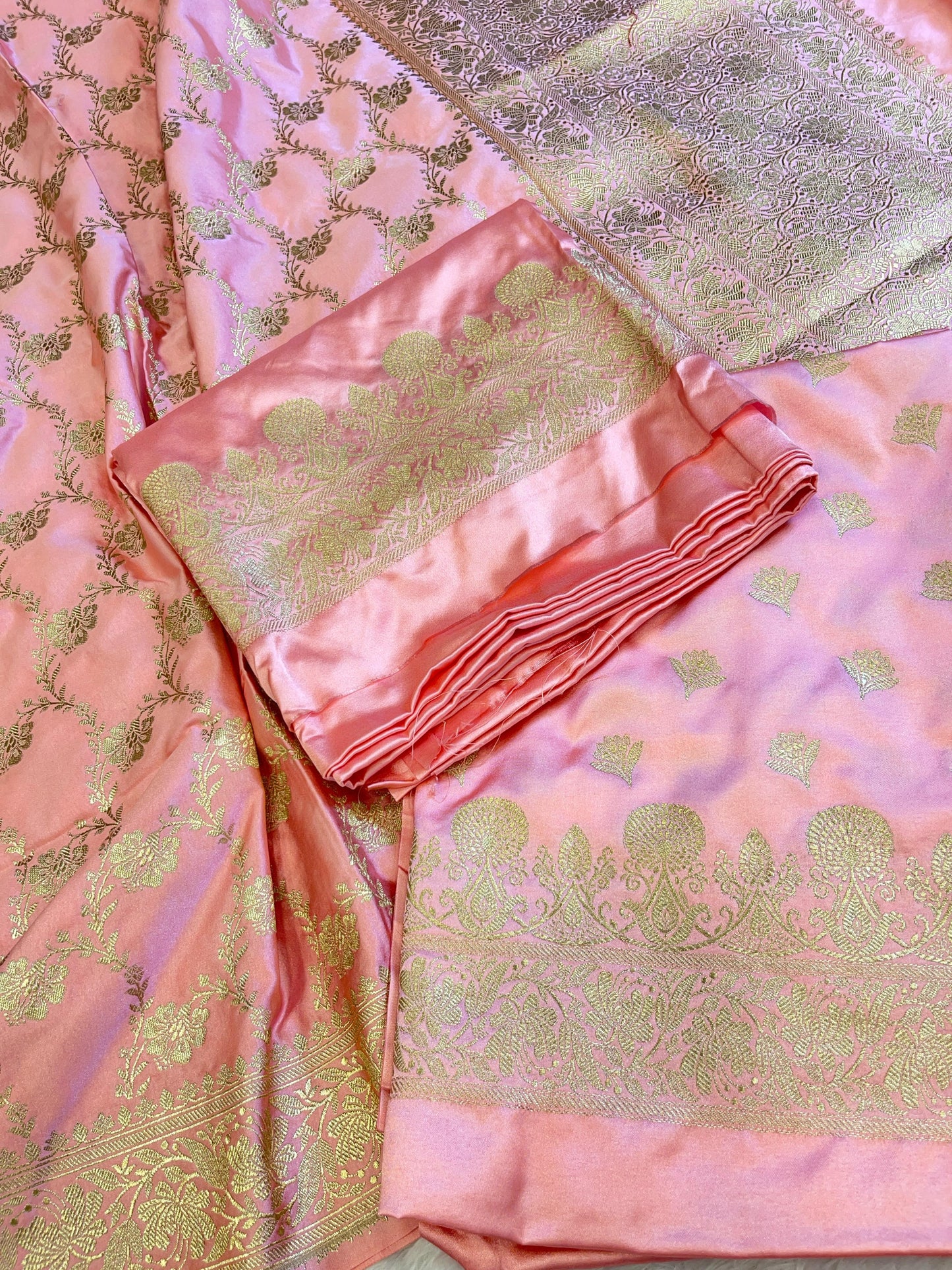 Peach Premium Mashru Silk Floral Zari Booti Banarasi Suit Set 1500AJ_KCP21