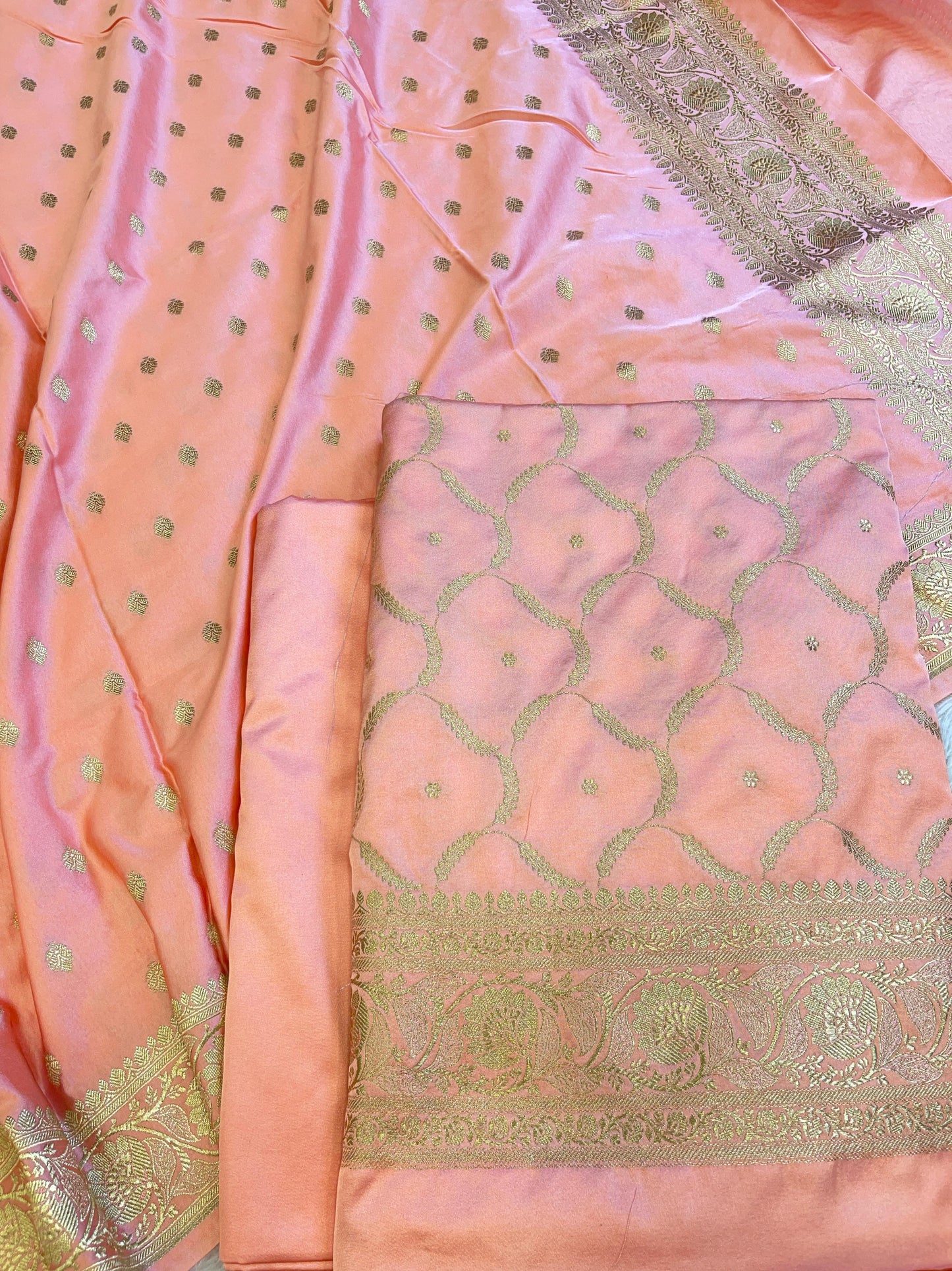 Peach Premium Mashru Silk Floral Zari Booti Banarasi Suit Set 1500AJ_KCP30