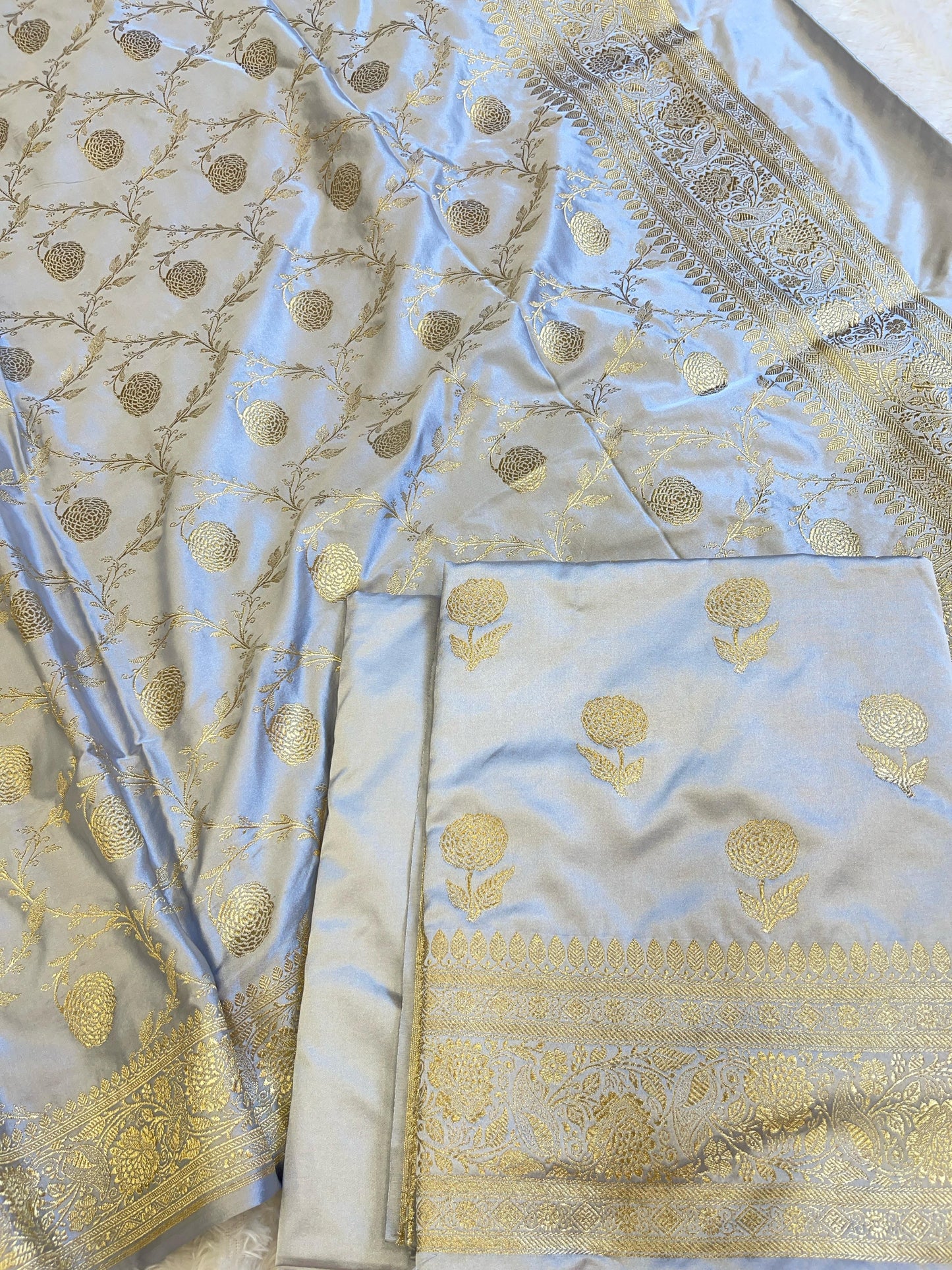 Grey Premium Mashru Silk Floral Zari Booti Banarasi Suit Set 1500AJ_KCP35
