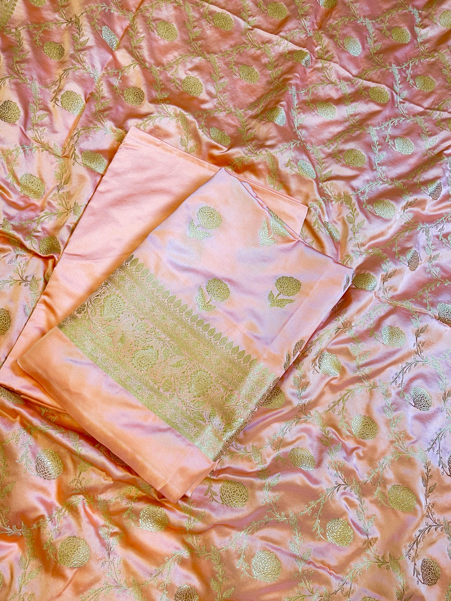 Peach Premium Mashru Silk Floral Zari Booti Banarasi Suit Set 1500AJ_KCP40
