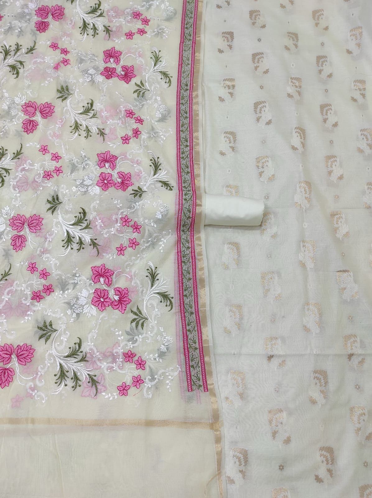Offwhite Pure Mercerised Resham Mina Embroidery Dupatta Banarasi Suit Set 1250SKL_RM2