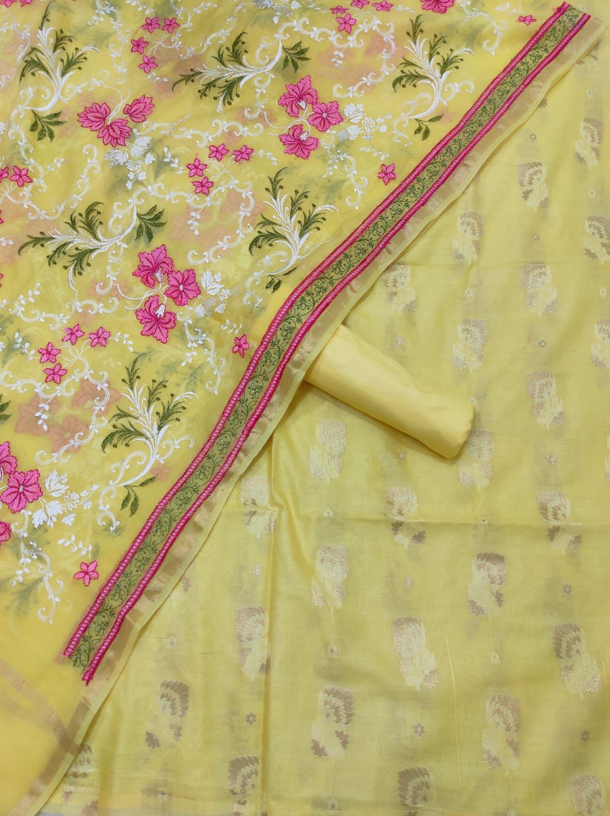 Yellow Pure Mercerised Resham Mina Embroidery Dupatta Banarasi Suit Set 1250SKL_RM5