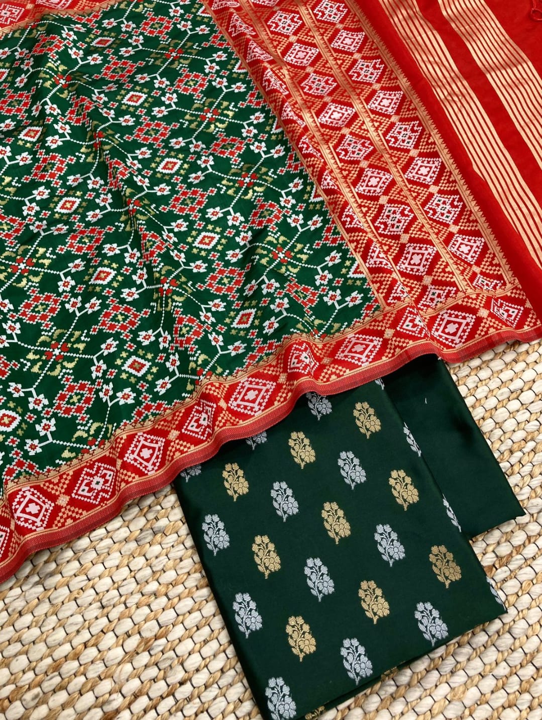 Dark Green Katan Silk Silver Gold Zari With Patola Weave Dupatta Suit Set 700SKL_KS41