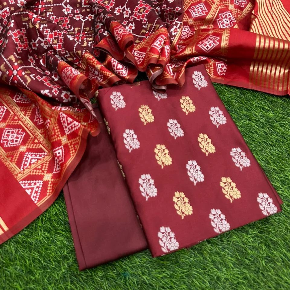 Maroon Katan Silk Silver Gold Zari With Patola Weave Dupatta Suit Set 700SKL_KS46