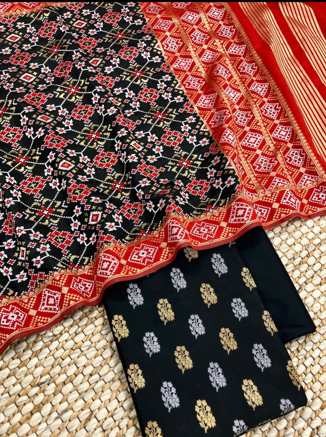Black Katan Silk Silver Gold Zari With Patola Weave Dupatta Suit Set 700SKL_KS48
